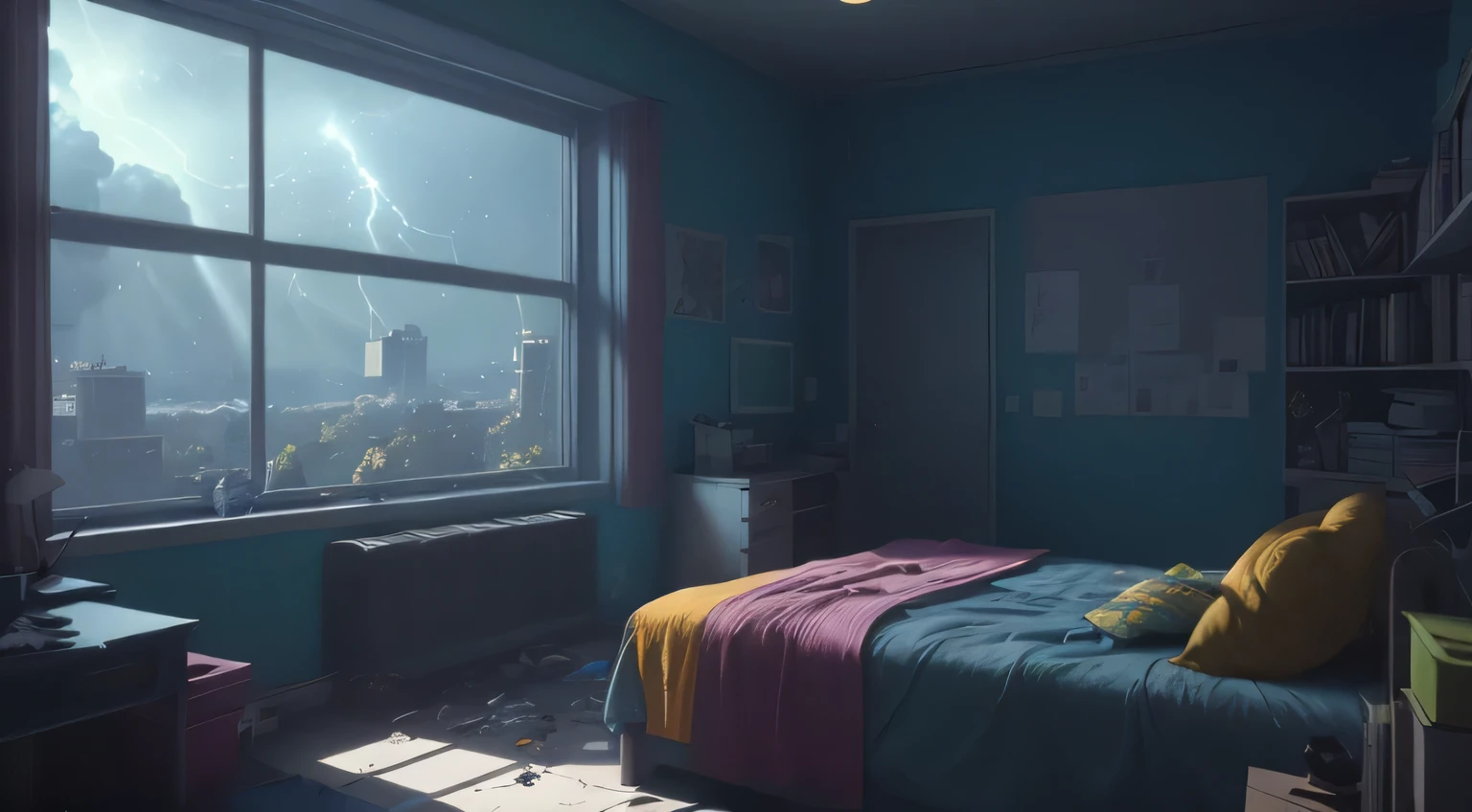 Create a cartoon image of a slightly messy teenage girl's bedroom with a desk, computer, and book on top. The room should have a dark atmosphere. Include a slightly messy bed and a window with moonlight in the background, the image needs to be on the side, the window can not have sunlight Cinematic lighting, Unreal Engine 5, Cinematic, Color Grading, Editorial Photography, Photoshoot, Shot on 70mm lens, Depth of Field, DOF, Tilt Blur, Shutter Speed 1/1000. F/22, White Balance, 32K, Super-Resolution, Megapixel, ProPhoto RGB. VR, high, epic, artgerm, alex ross, Halfrear Lighting, Backlight, Natural Lighting, Incandescent, Optics, Fiber, Moody, Lighting, Cinematic, Lightning, Studio Lightning, Soft Lightning, Volumetric, Contre-Jour, dark Lighting, Accent Lighting, Global Illumination, Screen Space Global Illumination, Ray Tracing, Global Illumination, Red Rim light, cool color grading 45%. Optical, Scattering, Bright, Shadows, Rough, Sparkling, Ray Tracing Reflections, Lumen Reflections, Screen Space Reflections, Diffraction Grading, Chromatic, Aberration, GB Offset, Scan Lines, Ray Tracing, Ray Tracing Environment Occlusion, Anti-Aliasing, FKAA, TXAA, RTX, SSAO, Shaders, OpenGL-Shaders, GLSL-Shaders, Post-Processing, Post-Production, Cel Shading, Tone Mapping, CGI VFX, SFX, insanely detailed and intricate,  hypermaximalist, elegant, hyper realistic, supee detailed, dynamic pose, centered, photography