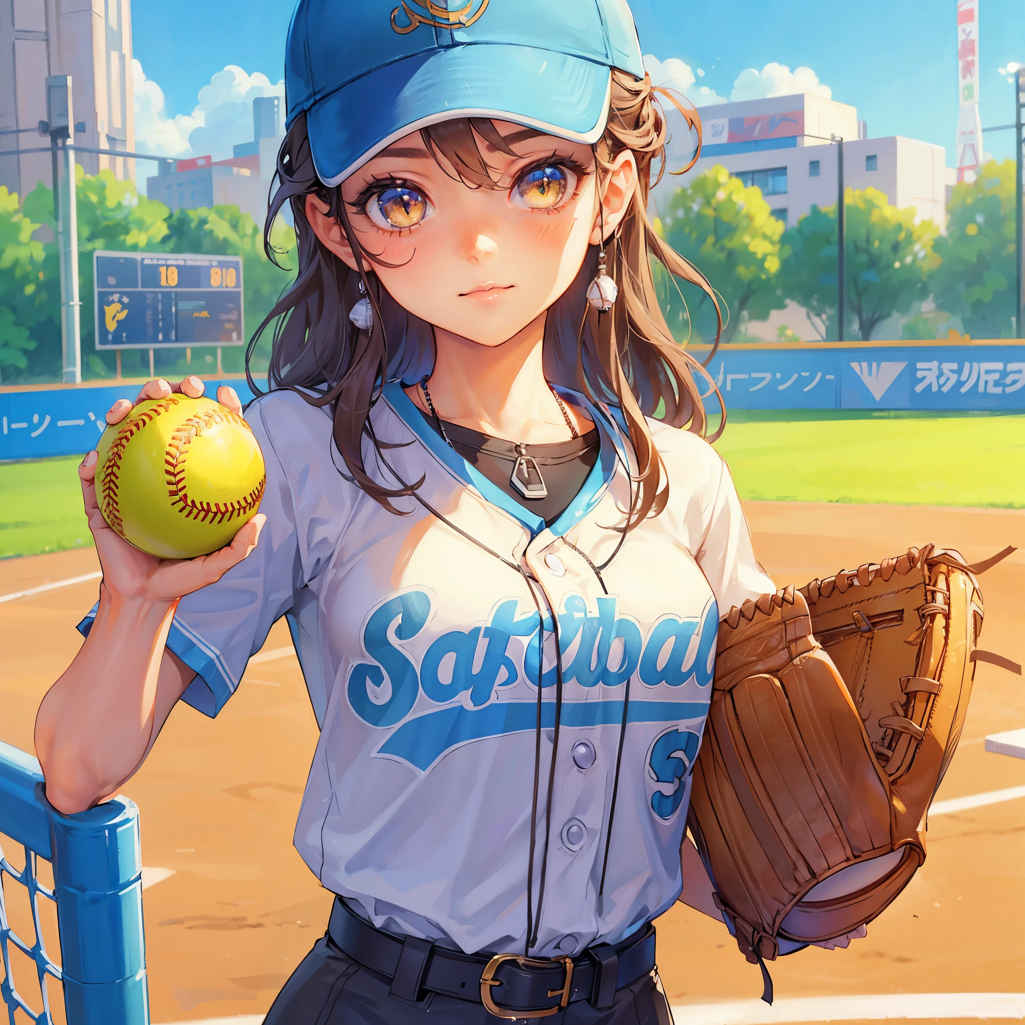 high quality,HD,16k,sharp lines,1 girl,Female softball Athletes ,cute face, medium breasts, nice legs,At the softball venue,focus girl,detailed beautiful face,detailed clothes,beautiful eyes,cool,dynamic angle