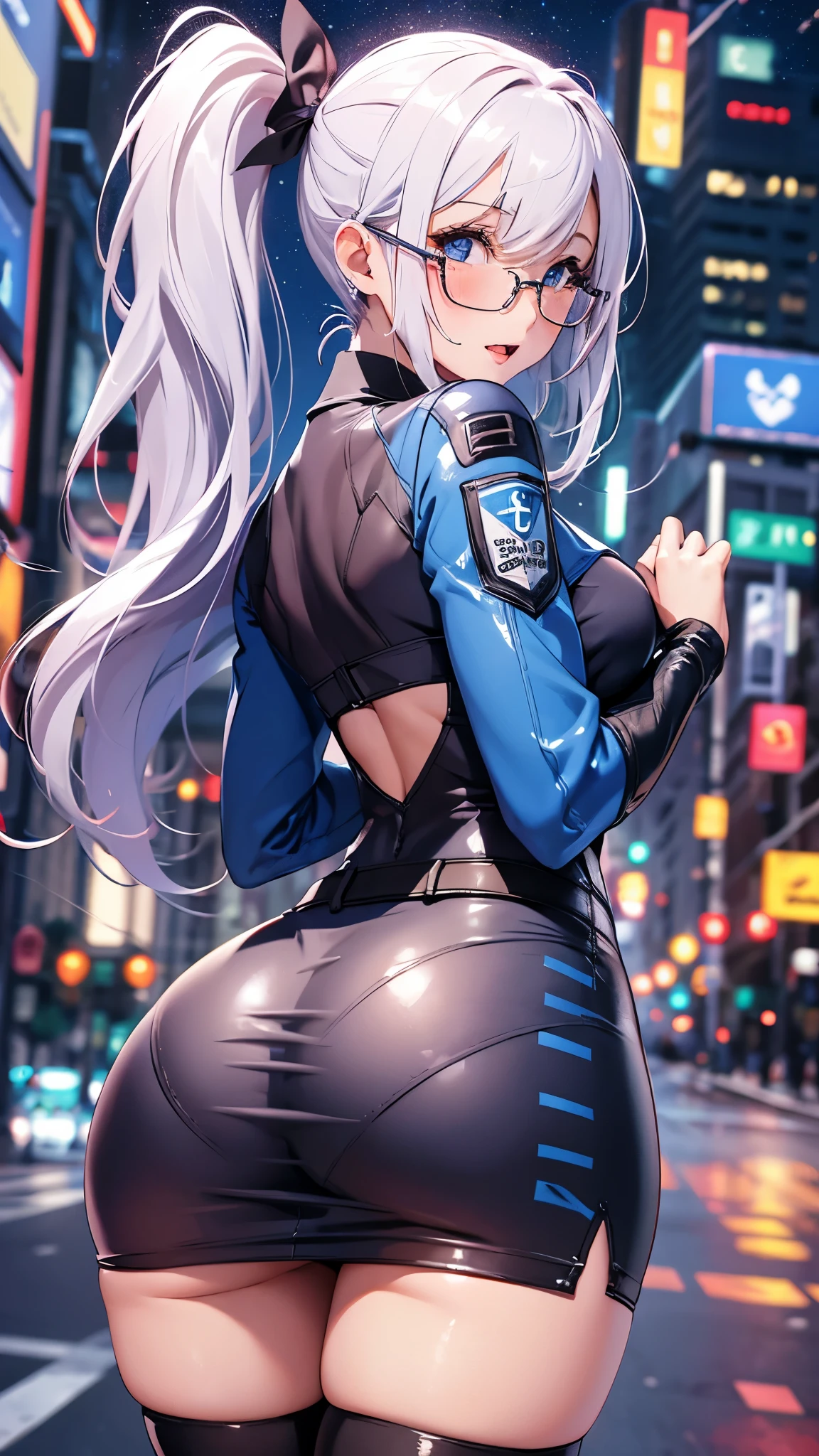 woman,25 years old,,city,night,(((white and blue tight miniskirt bodysuit))),,open mouth smile(())(glasses),((beautiful long ponytail)),(()),blush、surprised face,((())),((turn around and look back))wet with sweat