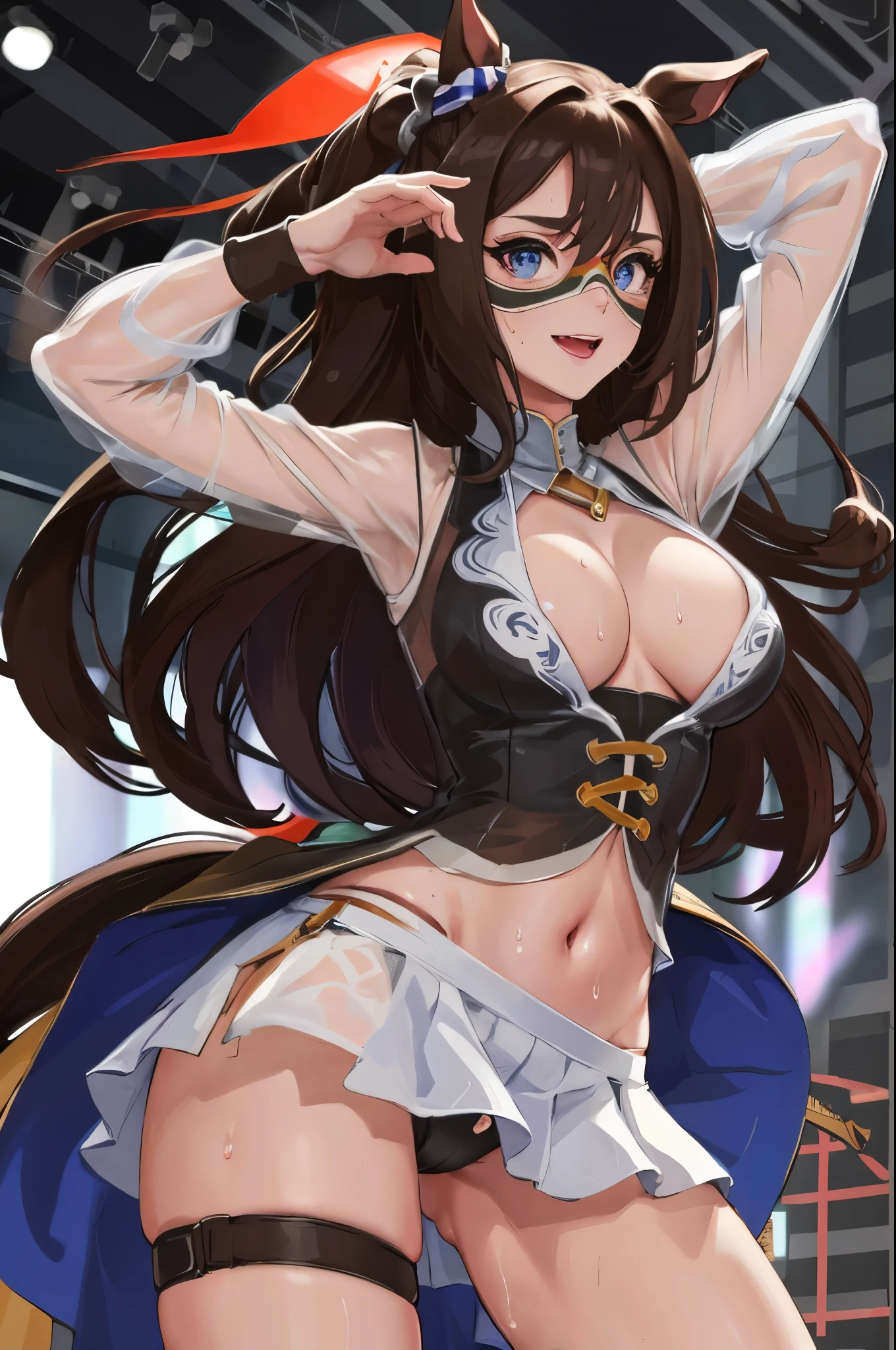 sexy dance show,sexy pose,el condor pasa \(umamusume\),(domino mask),good anatomy, masterpiece, best quality,realistic, hyperrealistic, 16k hdr,Smile,(Live Stage),(see through costume:1.2),Stage costumes,Horse tail,sing a song,ultra miniskirt,navel,micro panties,clearvage,erected nipples,sweat,from below