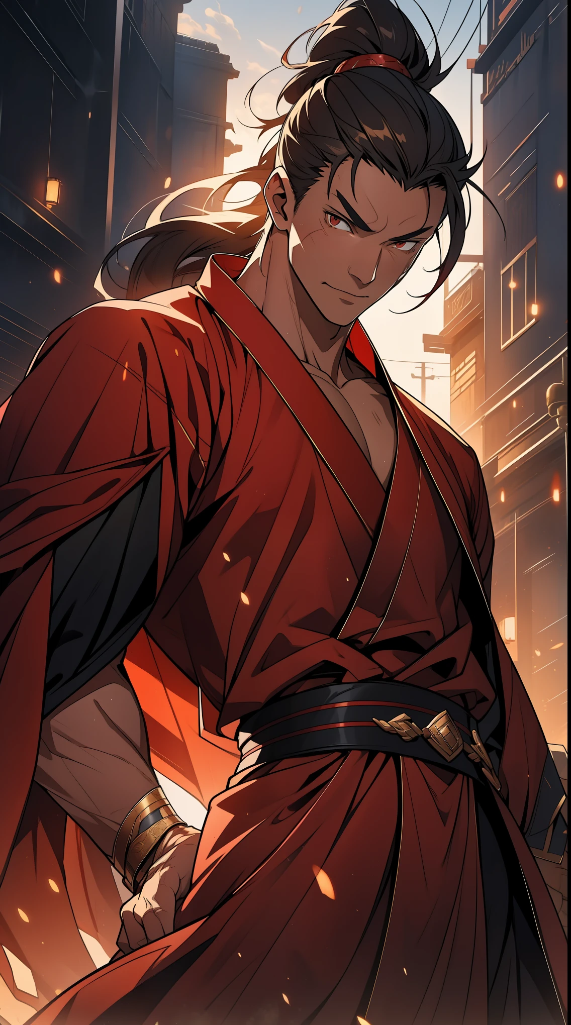 Two dimensions,anime style,one person(male warrior),proportions are correct,facial details,swordsman,high ponytail hairstyle,neck detail,Have an Adam's apple,red robe,joke,Red robe,clothing details,Handing over,long sleeves,Game quality,fencing,Ray tracing,Ray tracing,Detailed glow,CG rendering,hair details,long red hair,red eyes,Handsome,Handsome,(Youthful feeling),Clothing is complicated,Perfect composition,refine,high quality,higher details,many details,Complex background,a sense of atmosphere,