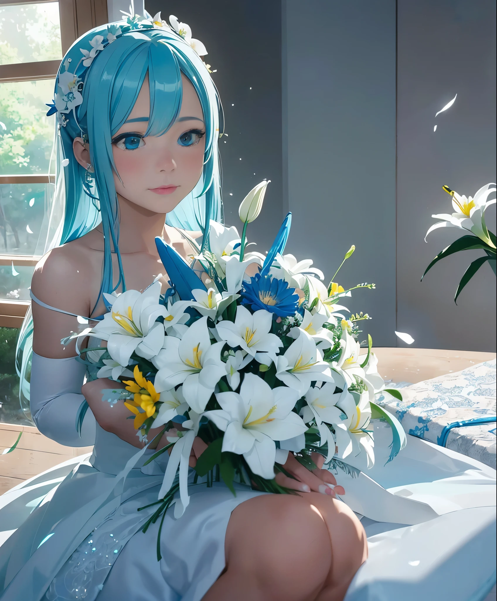 (masterpiece), (highest quality), ultra high resolution, sharp focus, ((1 female, alone)),hatsune miku blue hair , Kagamine Rin yellow hair , White Wedding Dresses, long hair, flower hairpin, wedding bouquet wrapped in white paper, hand caressed hair, The effect of falling white petals, lily, big,