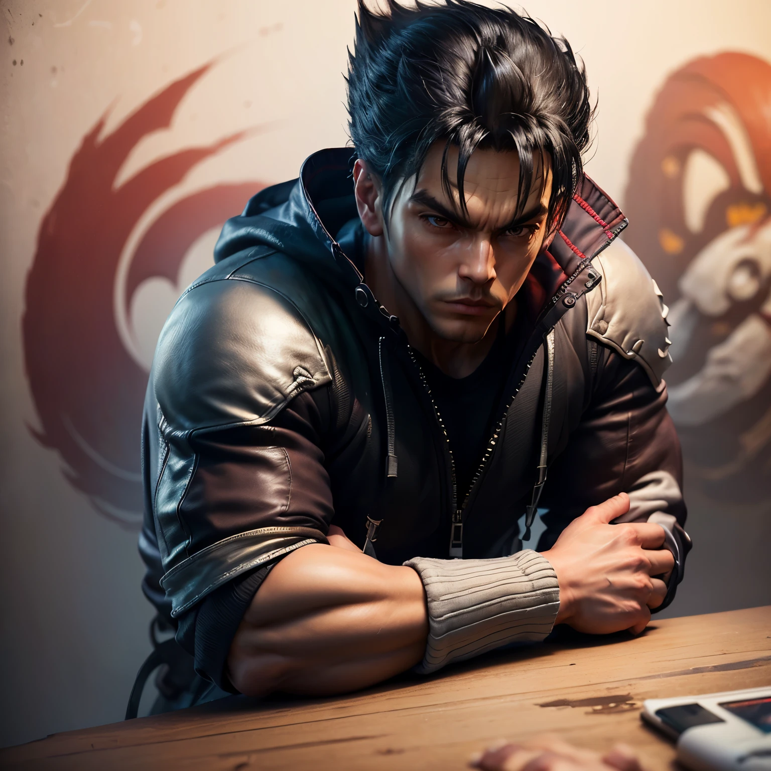 (masterpiece, best_quality, beautiful digital art:1.4), (half-body shot:1.5), jin kazama from tekken, photography, blurred background, masterpieces, top quality, best quality, official art, beautiful and aesthetic, realistic, cinematic light, (sharp focus:1.6), highly detailed, ultra realistic, 8k