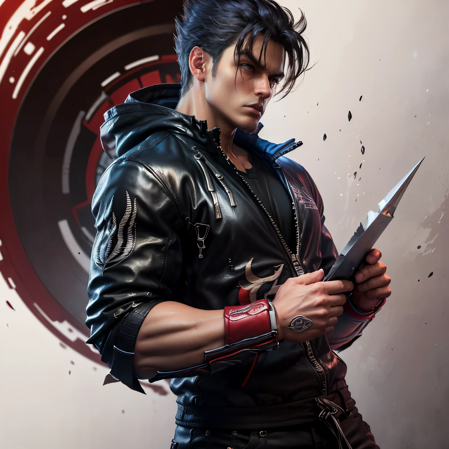 (masterpiece, best_quality, beautiful digital art:1.4), (half-body shot:1.5), jin kazama from tekken, photography, blurred background, masterpieces, top quality, best quality, official art, beautiful and aesthetic, realistic, cinematic light, (sharp focus:1.6), highly detailed, ultra realistic, 8k