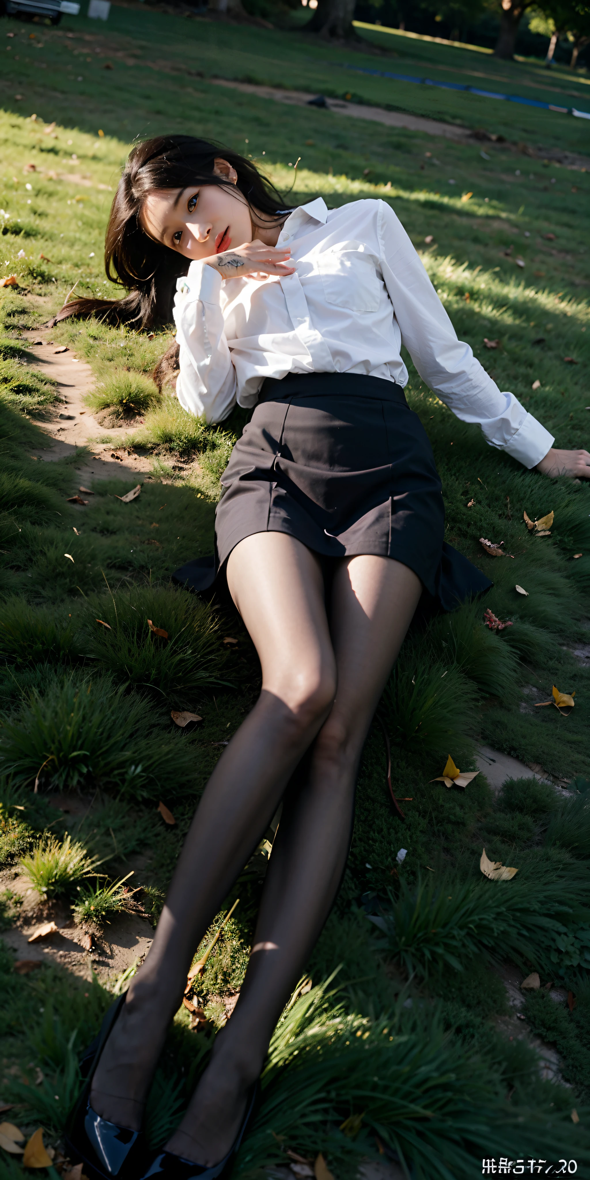 lifelike, high resolution, soft light,1 lady, alone, Buttocks up, view viewer, (Detailed face), long hair, lying on the grass, looking from bottom to top, show panties, View panties, secretary_uniform, black skirt, pantyhose, tattoo, jewelry
