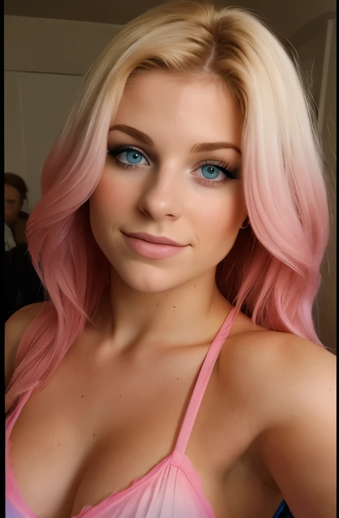 taken with iphone camera BREAK medium shot selfie of a pretty young Alexa Bliss, skin imperfections BREAK (ombre:1.3) blonde pink BREAK film grain, medium quality 