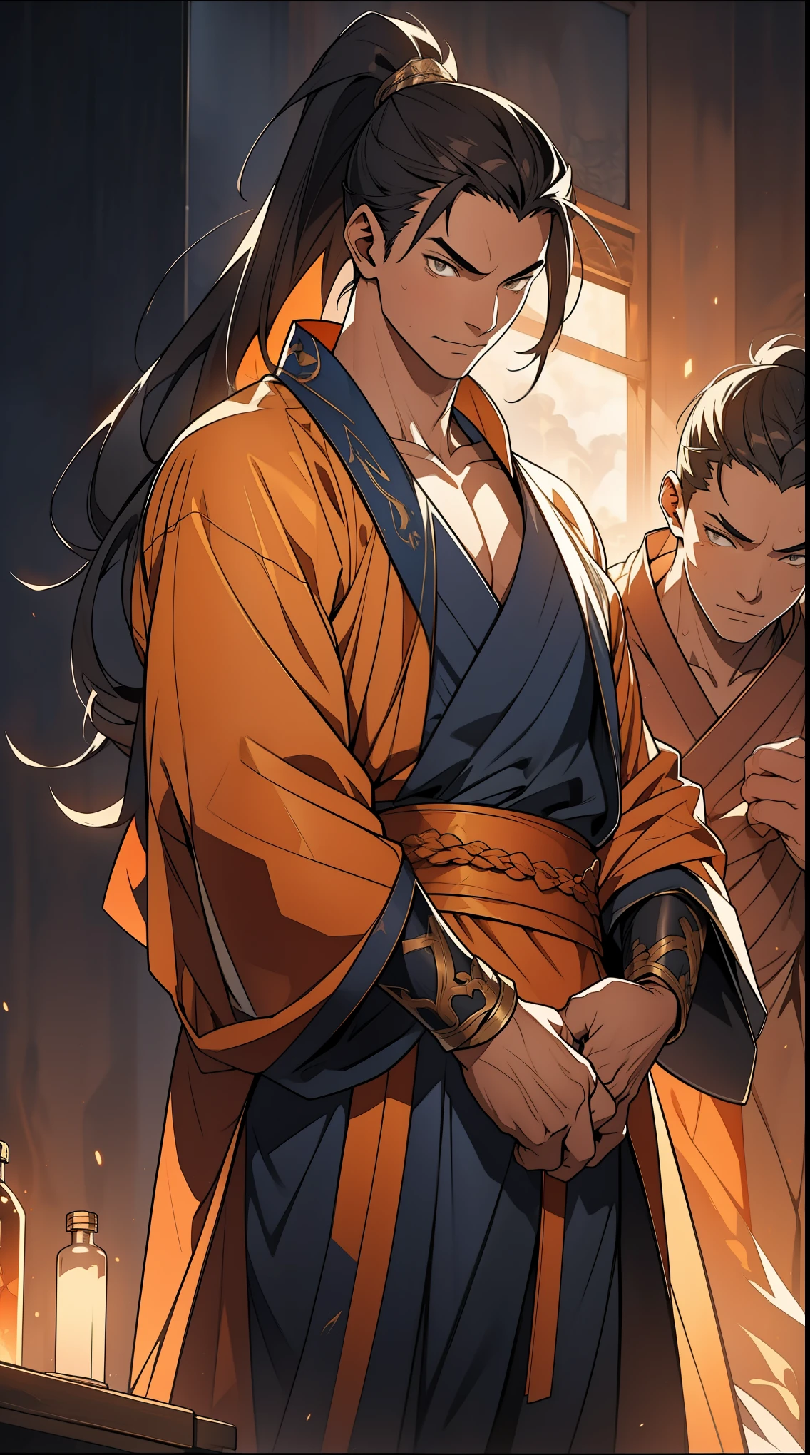 Two dimensions，anime style，one person（male warrior），proportions are correct，facial details，swordsman，high ponytail hairstyle，neck detail，Have an Adam&#39;s apple，yellow robe，joke，robe，clothing details，transfer，long sleeves，Game quality，fencing，Ray tracing，Ray tracing，Detailed glow，CG rendering，hair details，long hair，s eyes，Handsome，Handsome，（Youthful feeling），Clothing is complicated，Perfect composition，refine，high quality，higher details，many details，Complex background，a sense of atmosphere，