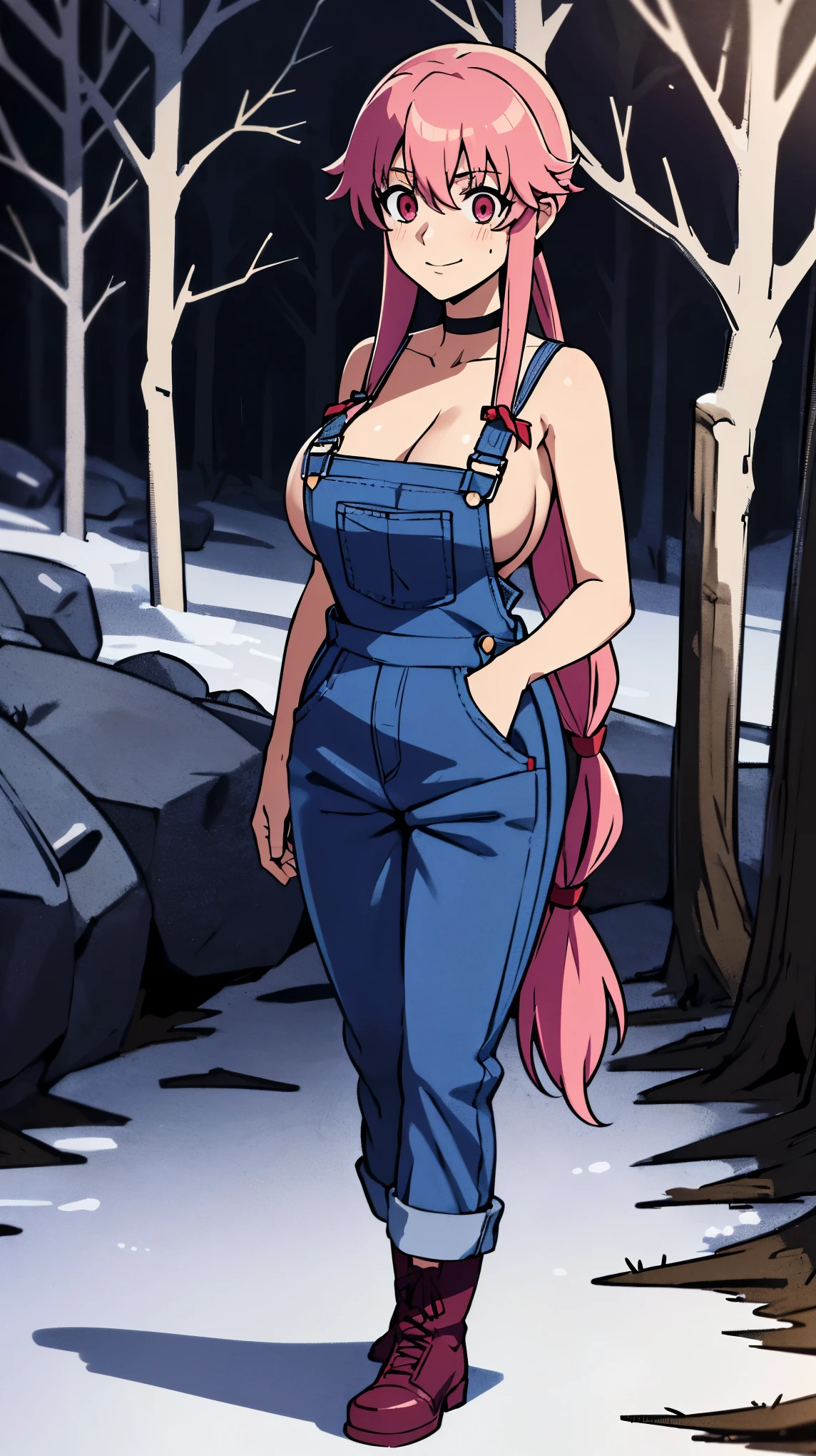 anime_still, masterpiece, best quality, 1girl, Gasai Yuno, long hair, pink hair, low twintails, smile, naked, red eyes, (large breasts:1.5),1girl, black choker, dark grey, (overalls:1.25), leather gloves, black boots, ((nigth:1.5)), (chasing you through the woods BY yuno gasai), moonlight, blood on floor, horror scane, (horror movie post:1.5) (evil eyes:1.6), (horror_movies:1.5), (woods:1.6),(dark:1.7), (out_boorlood on hands:1.5), (blood stain:1.25), (black face mask:1.25),