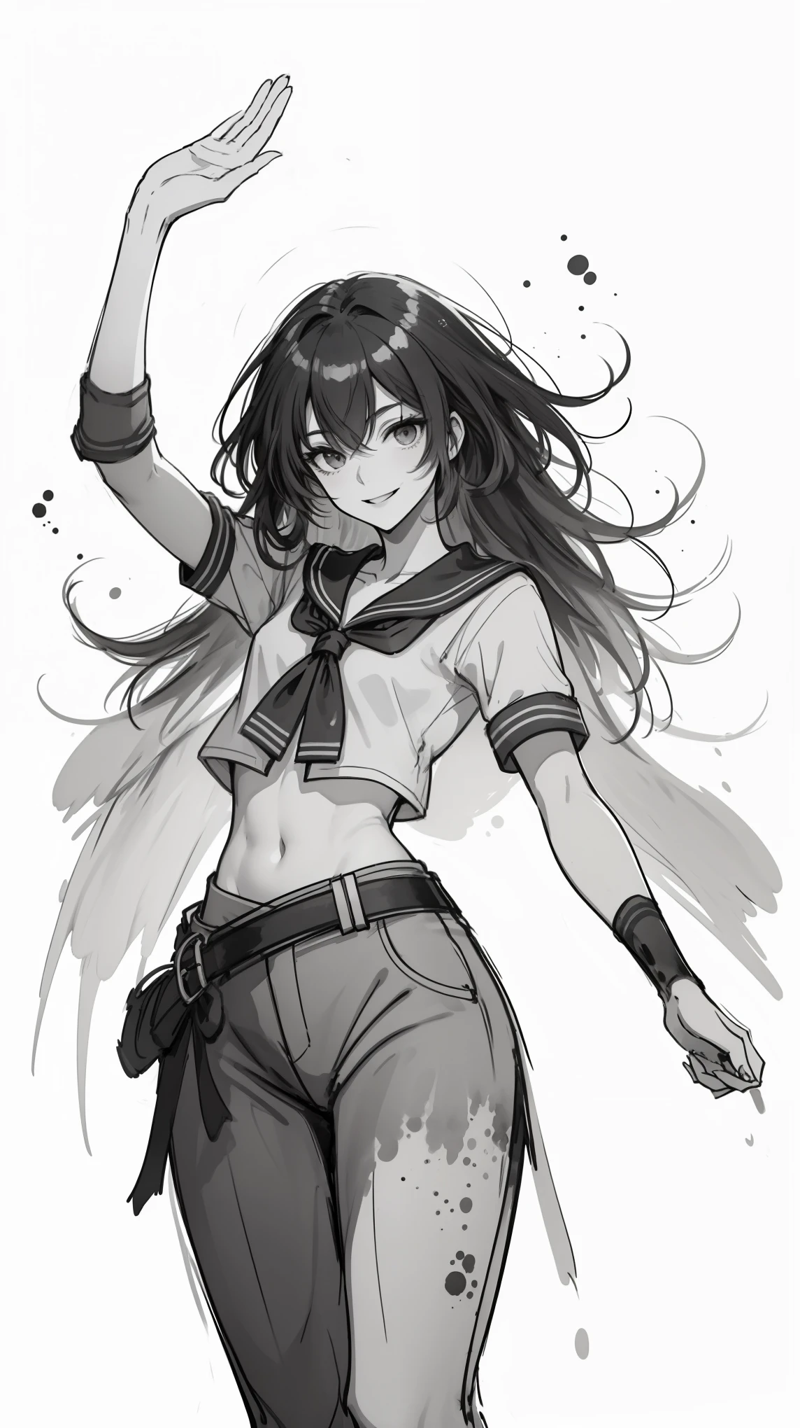 (8K, RAW photo, 最high quality, masterpiece: 1.2), alone, (((young woman, gal))), small face, slim body shape, shortcut, wavy hair, (open your mouth and smile:1.2), normal hip joint, cowboy shot, (((sailor suit:1.5, high school student:1.2, facing the front, Put your arms on your hips))), anatomically correct, high quality, (((ink painting))),
