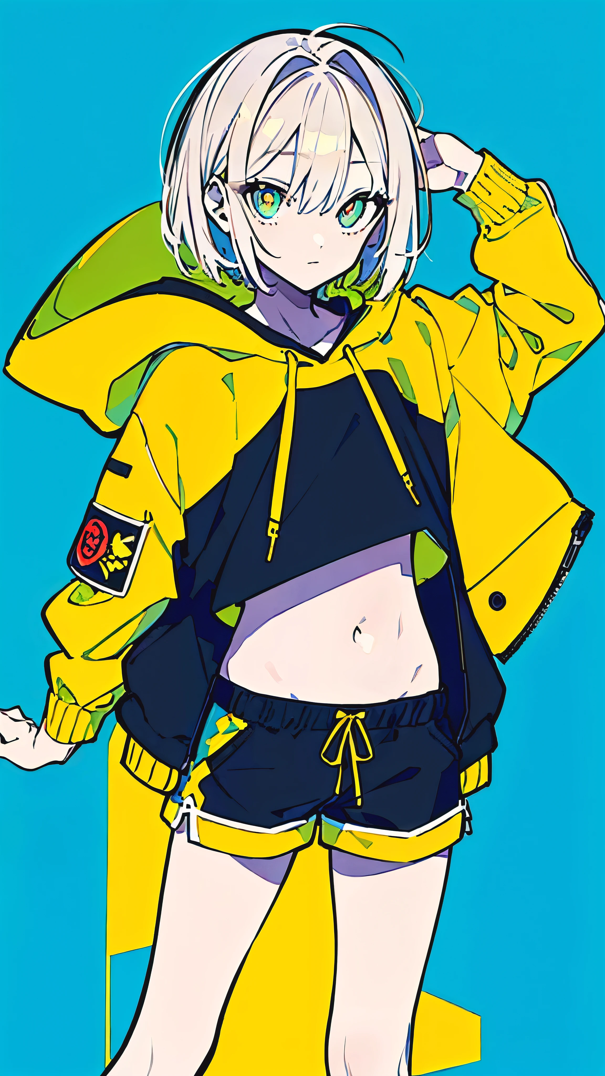 (masterpiece, highest quality:1.6), alone, thick outline, (simple background, Dark yellow background, monochrome, dark yellow theme:1.2), official art, Key Visual, 8K, confused, whole body, (Unique hair, oversized hoodie, hot pants, arch back, short torso:1.2), belly button, thighs, cowboy shot, HDR, sharp focus, High resolution, most detailed, very detailed, Super detailed, finely, detailed eyes and face, sharp pupils, realistic student, alone, contrast between yellow and light blue