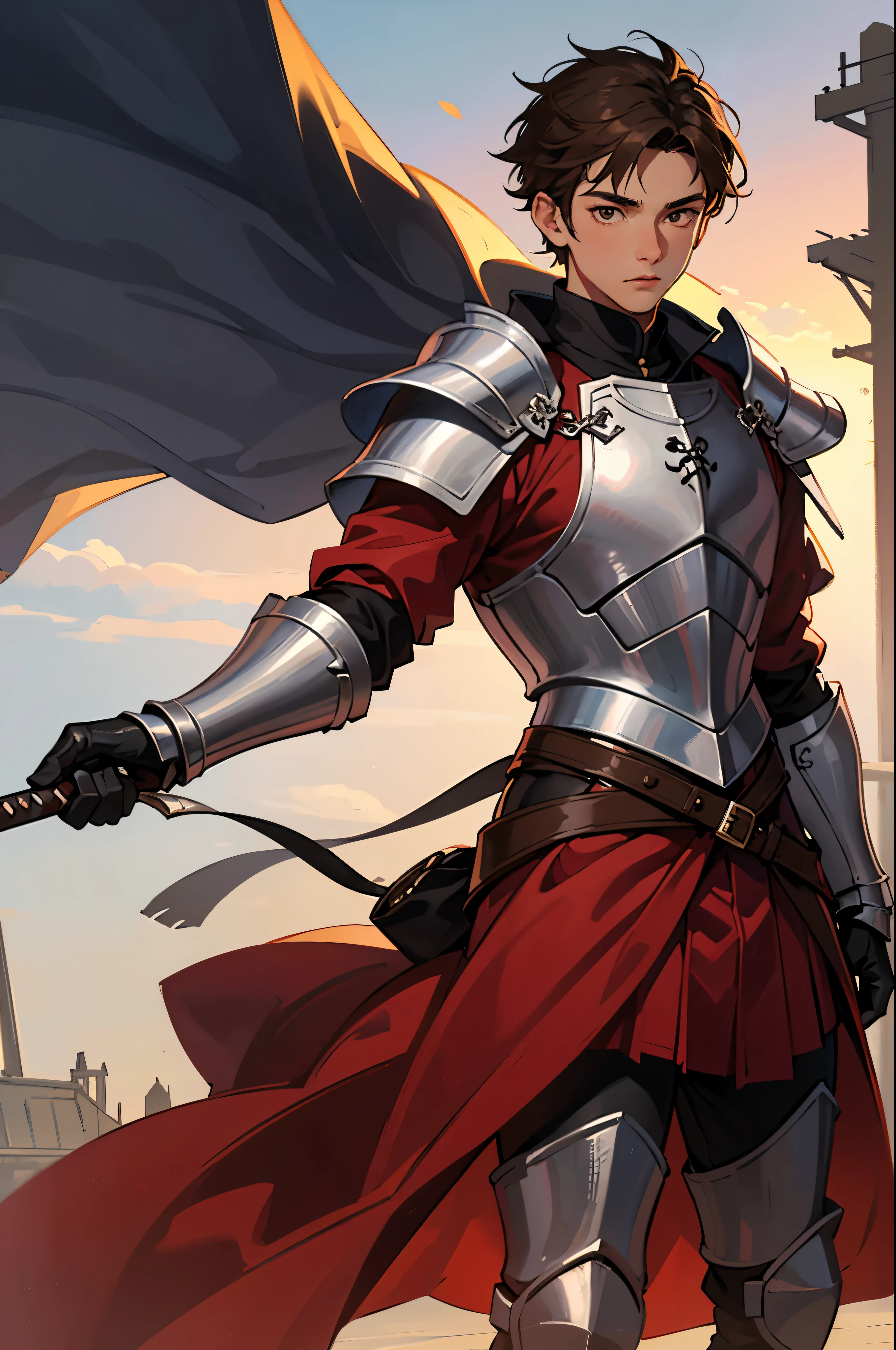 A 16-year-old teenage boy, a boy swordsman, wears a sword, light skin tone, without a beard, without a goatee, no facial hair, no body hair, brown hair color, straight hair, pointed ears, medieval knight's silver armor, red clothes