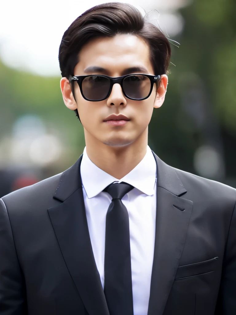 middle aged male、Black and white suit、sunglasses