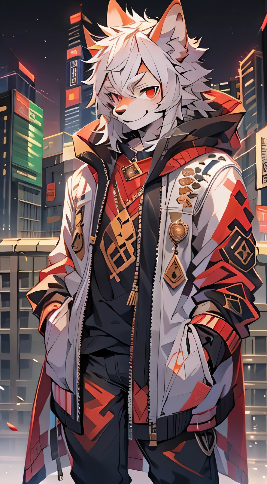 There is a male dog wolf on it, , 18 years old, half dog, 拟人化of , ,one person,皮jacket,jacket,black jeans, of ( Black-red pupils), (黄金般of闪耀品质, high detail,Background city wallon hair with smile,Two small ears,skin gold
