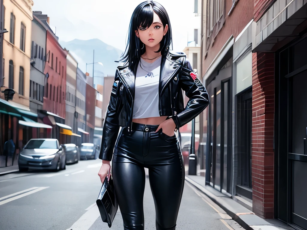 1girl black hair blue eye blue leather jacket half pants muscular thighs