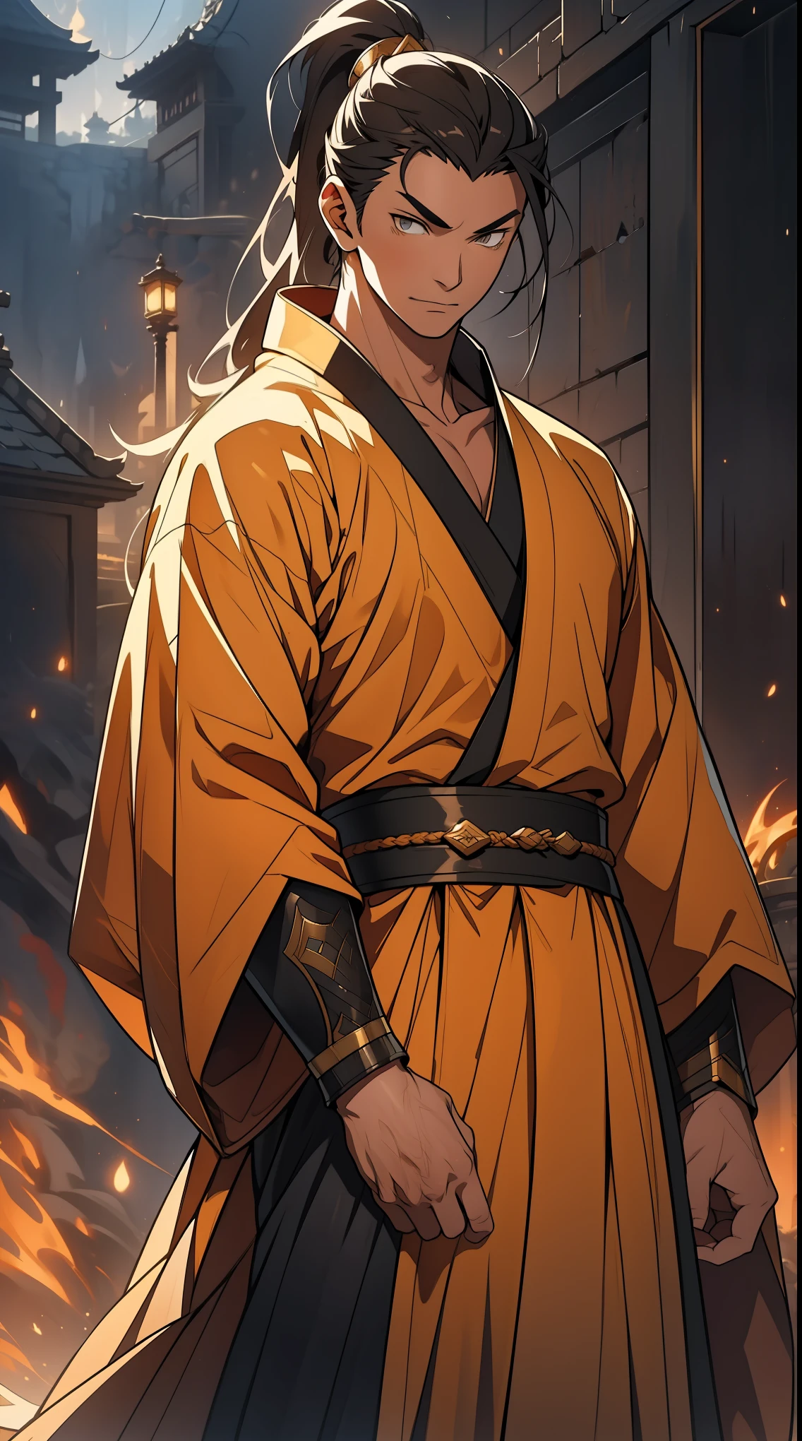 Two dimensions，anime style，one person（male warrior），proportions are correct，facial details，swordsman，high ponytail hairstyle，neck detail，Have an Adam&#39;s apple，yellow robe，joke，robe，clothing details，transfer，long sleeves，Game quality，fencing，Ray tracing，Ray tracing，Detailed glow，CG rendering，hair details，long hair，s eyes，Handsome，Handsome，（Youthful feeling），Clothing is complicated，Perfect composition，refine，high quality，higher details，many details，Complex background，a sense of atmosphere，