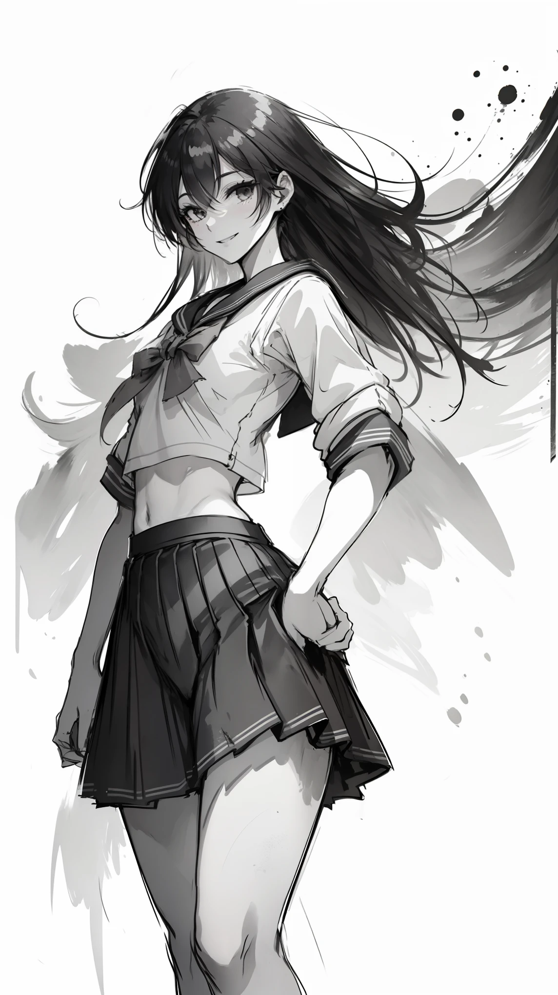 (8K, RAW photo, 最high quality, masterpiece: 1.2), alone, (((young woman, gal))), small face, slim body shape, shortcut, wavy hair, (open your mouth and smile:1.2), normal hip joint, cowboy shot, (((sailor suit:1.5, pleated skirt:1.2, facing the front, Put your arms on your hips))), anatomically correct, high quality, (((ink painting))),