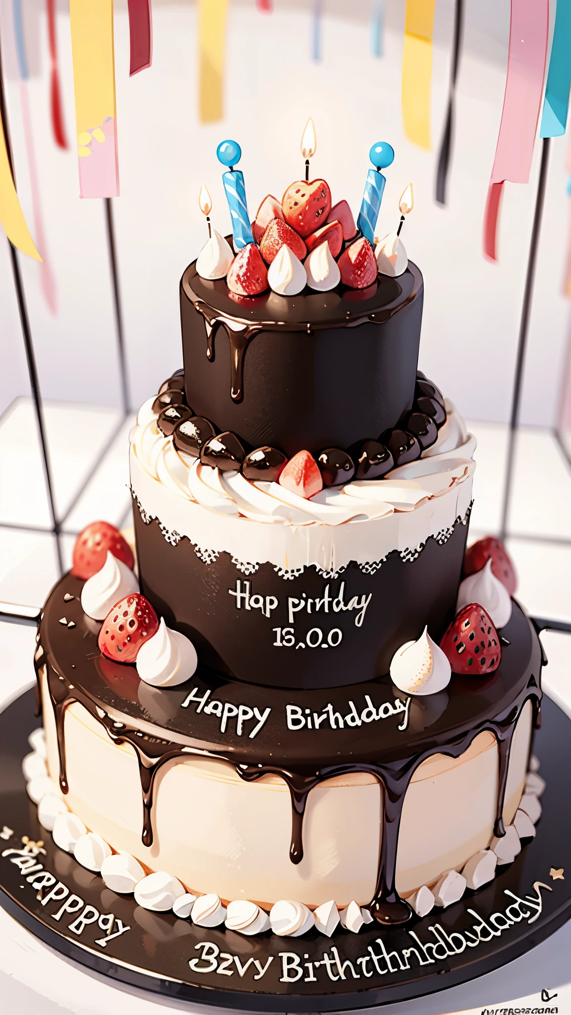 Hay un pastel de chocolate con fresas y crema, Selva Negra, pasteles, birthday cake, crema batida por encima, pastel, El mejor pastel, delicioso, taken with sony a7r camera, High detail!!, High detail!!!, Detallado!!, Ganador del concurso, Altamente detallado!!, Luz en la parte superior, Birthday cake on the floor, Parte frontal llena, Asombroso