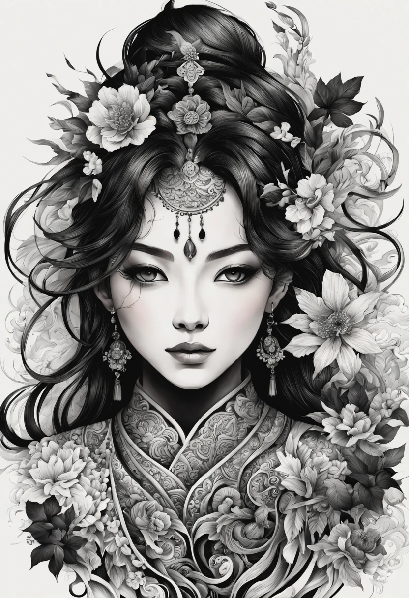 (high quality,black and white ink paint stroke:1.2),ultra-detailed,1girl,Japanese tattoo,graceful pose,symmetrical composition,floral motifs,geometric patterns,subtle shading,traditional art techniques,artistic elegance,sleek lines,dramatic contrast,intricate details,delicate curves,organic elements,expressive ink strokes,rich cultural symbolism,sophisticated design,meticulous craftsmanship,ethnic influence,harmonious balance,individually unique,serene beauty,vibrant visual impact,heritage preservation,expertly executed,tattoo artist's mastery,celebration of femininity,timeless art form,stylized representation,visual storytelling,emotional expression,alluring beauty,highly skilled technique,attention to detail,cultural significance,mysterious allure