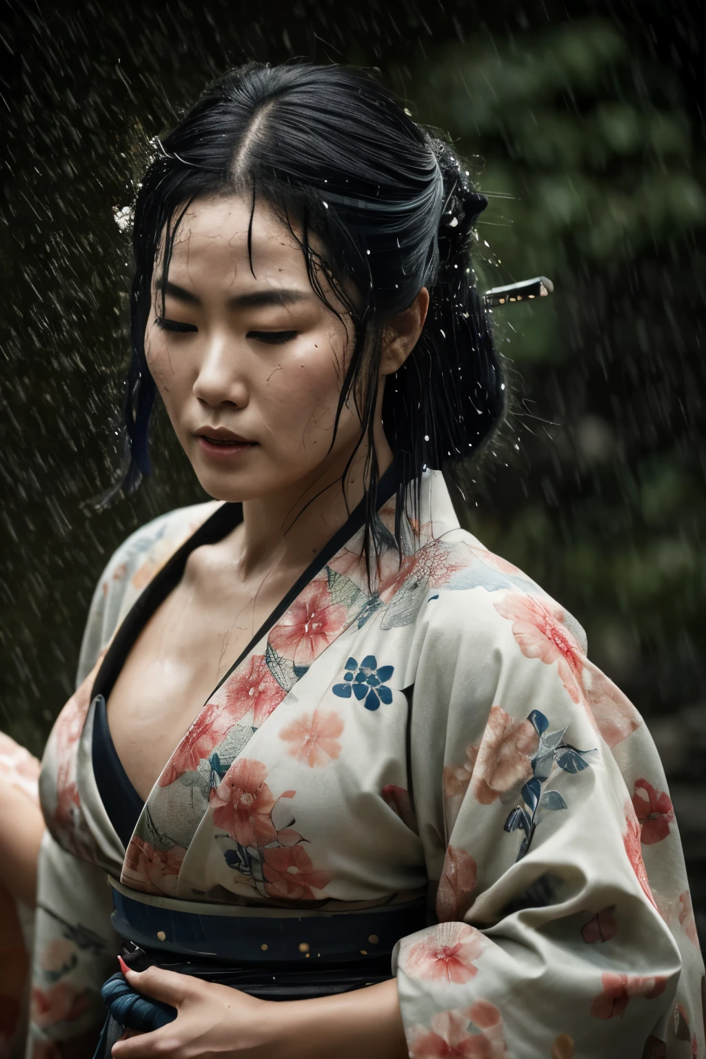 A beautiful Japanese female warrior, muscular body, eyes closed in deep concentration, wearing a kimono with open shoulders billowing in the wind. She firmly grips the sheathed katana at her side, ready for action. The scene is set at a close range with a low camera angle from the front, immersing the viewer in the intimate details of the moment. The heavy downpour adds to the realistic and dramatic atmosphere, with raindrops cascading down the warrior's face and soaking her kimono. The overall effect is one of intensity and poise, capturing the warrior's strength and determination in the midst of the Chaos. (dramaticsness:1.