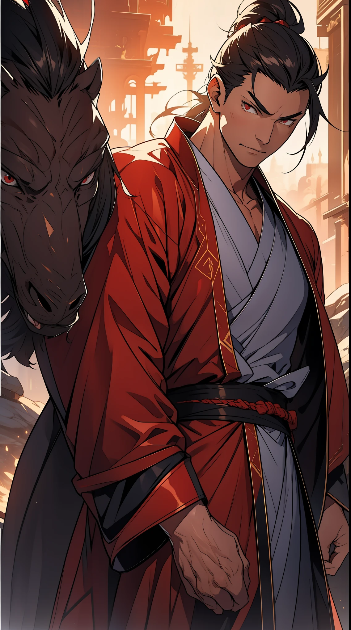 Two dimensions，anime style，one person（male warrior），proportions are correct，facial details，swordsman，high ponytail hairstyle，neck detail，Have an Adam&#39;s apple，red robe，joke，Red robe，clothing details，Handing over，long sleeves，Game quality，fencing，Ray tracing，Ray tracing，Detailed glow，CG rendering，hair details，long black hair，red eyes，Handsome，Handsome，（Youthful feeling），Clothing is complicated，Perfect composition，refine，high quality，higher details，many details，Complex background，a sense of atmosphere，