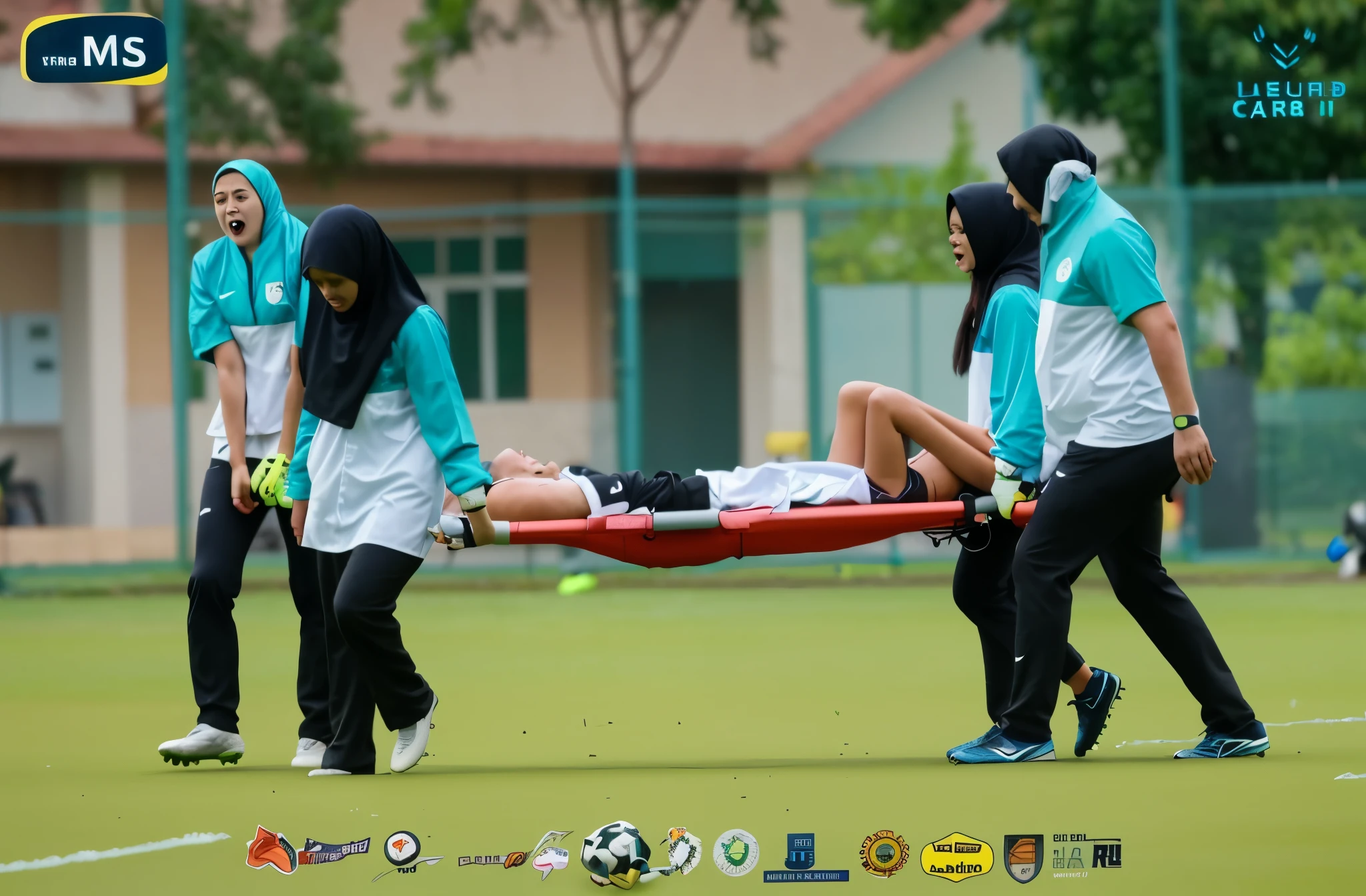 four malaysian girls carry a stretcher, four veiled girls carry a stretcher, a soccer scene in a sports stadium, cool and wet weather conditions, humide ground, rainy sky, injury scene in a sports stadium, stretcher carry, there are four female medics carrying a stretcher, there are four female medics in very shiny coats who are carrying a stretcher in a sports stadium, there is a wounded male soccer player in a matte short cotton sports outfit lying on the stretcher, an injured male soccer player in matte cotton sportswear is lying in pain on a stretcher, a soccer player in matte cotton sports clothes is rearing up in intense pain while lying on a stretcher, dramatic scene, theatralic posing scene, dramatic pity scene, injury soccer, first aid, help, pity, there are four female medics in wetlook high-shine coats who are looking very sad and very terrified and very shocked, the injured soccer player is screaming out in pain while he is carried from the pitch on a stretcher