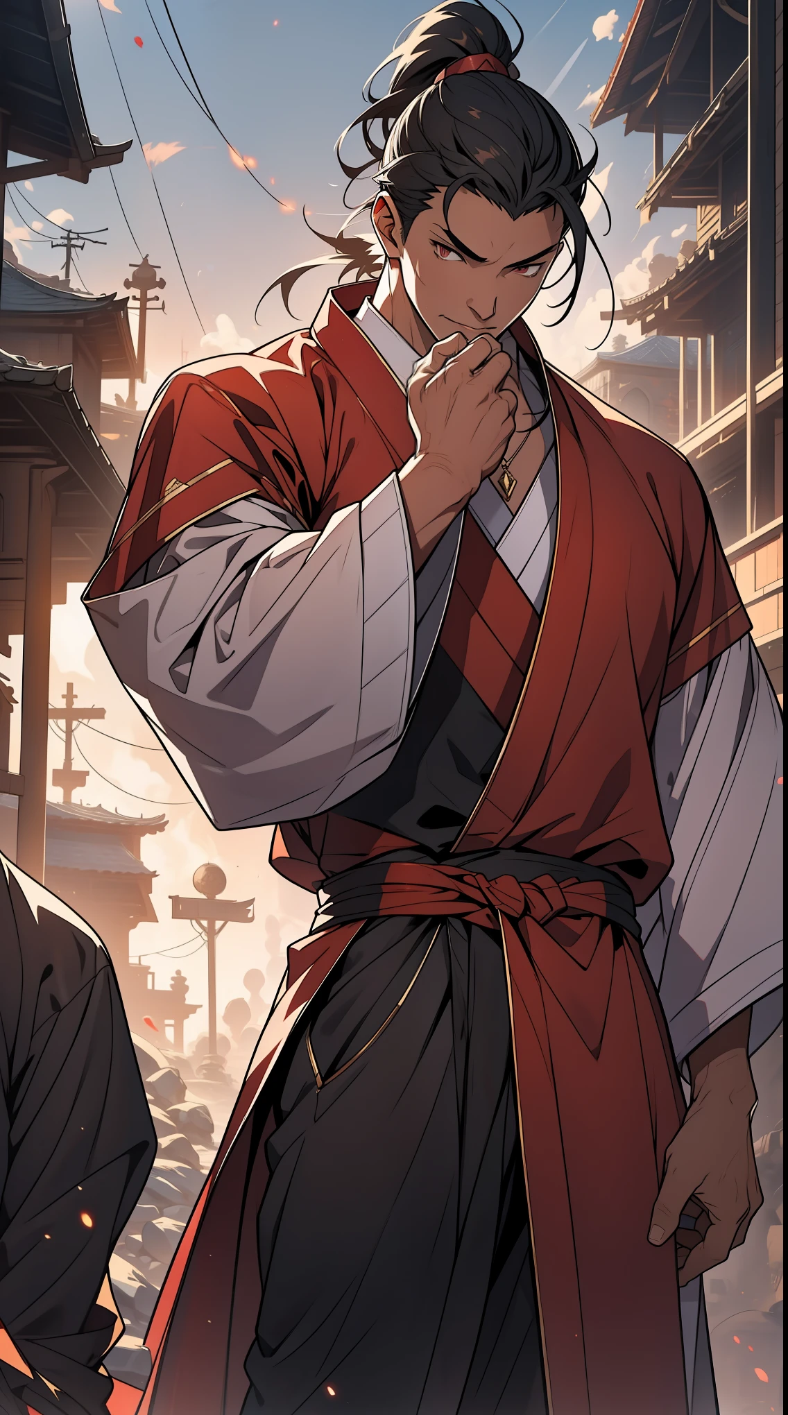 Two dimensions,anime style,one person(male warrior),proportions are correct,facial details,swordsman,high ponytail hairstyle,neck detail,Have an Adam's apple,red robe,joke,Red robe,clothing details,Handing over,long sleeves,Game quality,fencing,Ray tracing,Ray tracing,Detailed glow,CG rendering,hair details,long black hair,red eyes,Handsome,Handsome,(Youthful feeling),Clothing is complicated,Perfect composition,refine,high quality,higher details,many details,Complex background,a sense of atmosphere,