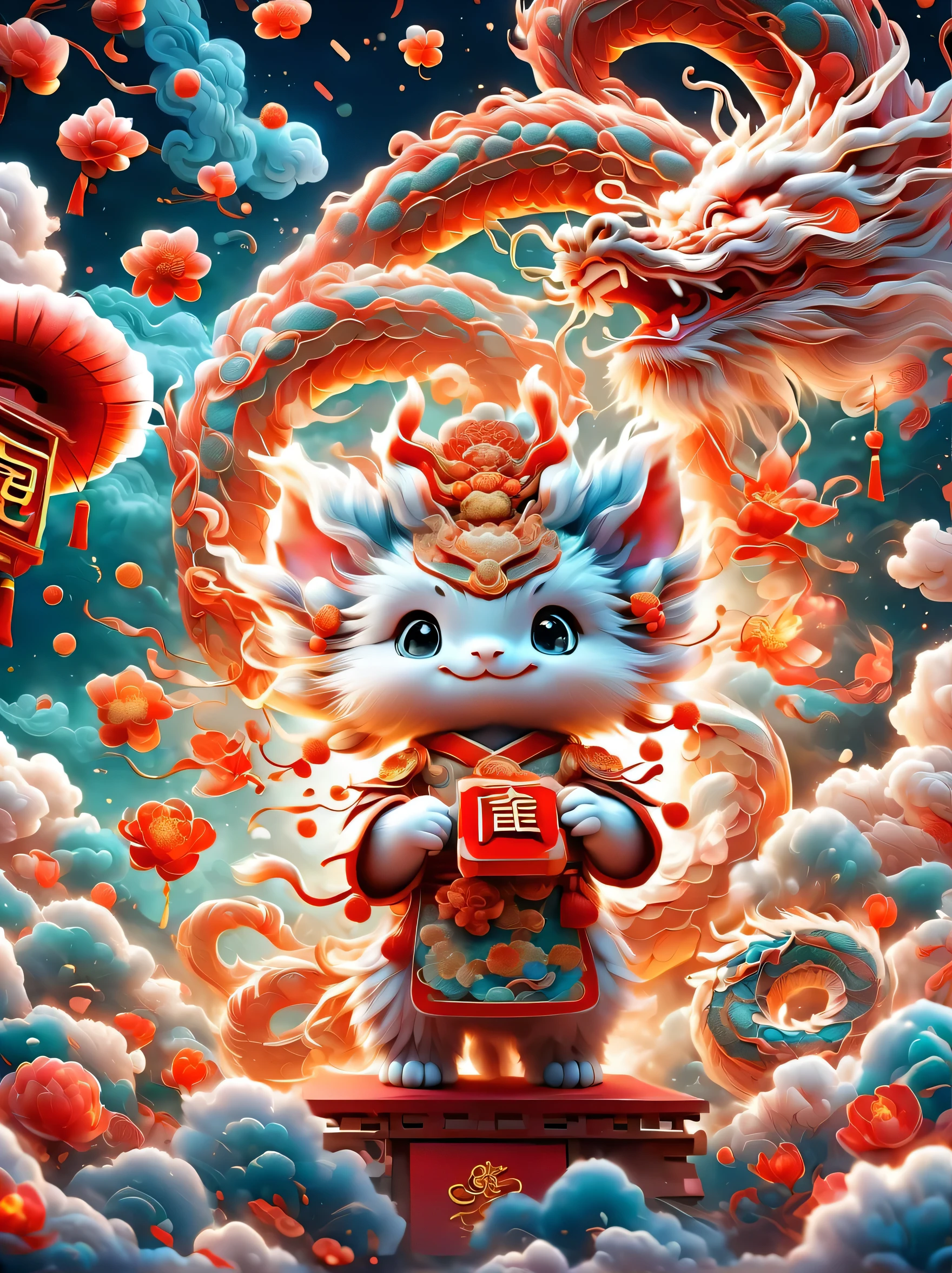 van gogh starry night sky painting style,A Chinese dragon cub、Wearing traditional New Year's clothing、Full set of Chinese official hats、Holding a red envelope、bow to you、festive background、fireworks、firecracker、Spring couplets and other Chinese New Year elements
