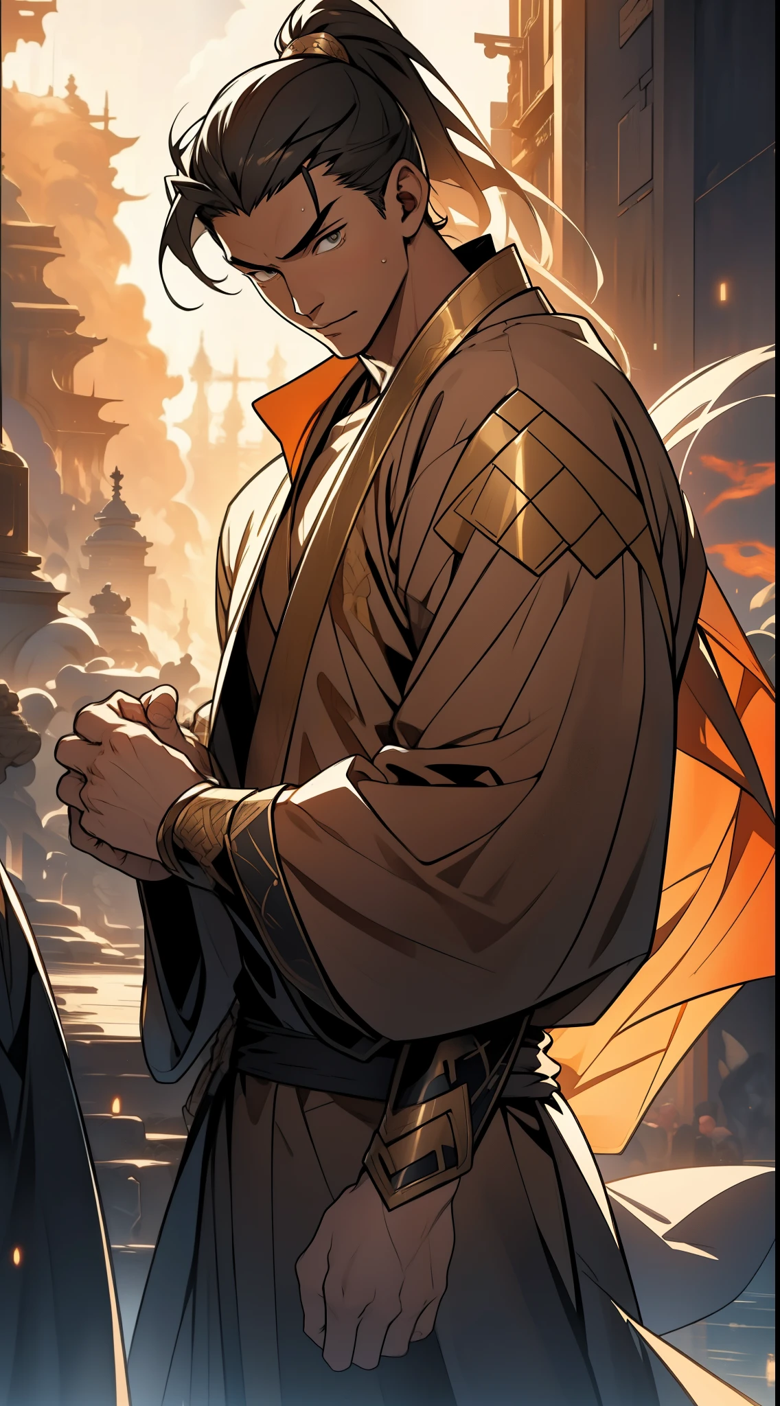 Two dimensions,anime style,one person(male warrior),proportions are correct,facial details,swordsman,high ponytail hairstyle,neck detail,Have an Adam's apple,yellow robe,joke,robe,clothing details,transfer,long sleeves,Game quality,fencing,Ray tracing,Ray tracing,Detailed glow,CG rendering,hair details,long hair,s eyes,Handsome,Handsome,(Youthful feeling),Clothing is complicated,Perfect composition,refine,high quality,higher details,many details,Complex background,a sense of atmosphere,