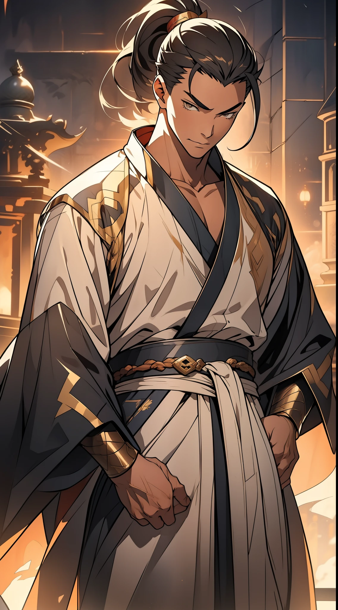 Two dimensions，anime style，one person（male warrior），proportions are correct，facial details，swordsman，high ponytail hairstyle，neck detail，Have an Adam&#39;s apple，yellow robe，joke，robe，clothing details，transfer，long sleeves，Game quality，fencing，Ray tracing，Ray tracing，Detailed glow，CG rendering，hair details，long hair，s eyes，Handsome，Handsome，（Youthful feeling），Clothing is complicated，Perfect composition，refine，high quality，higher details，many details，Complex background，a sense of atmosphere，