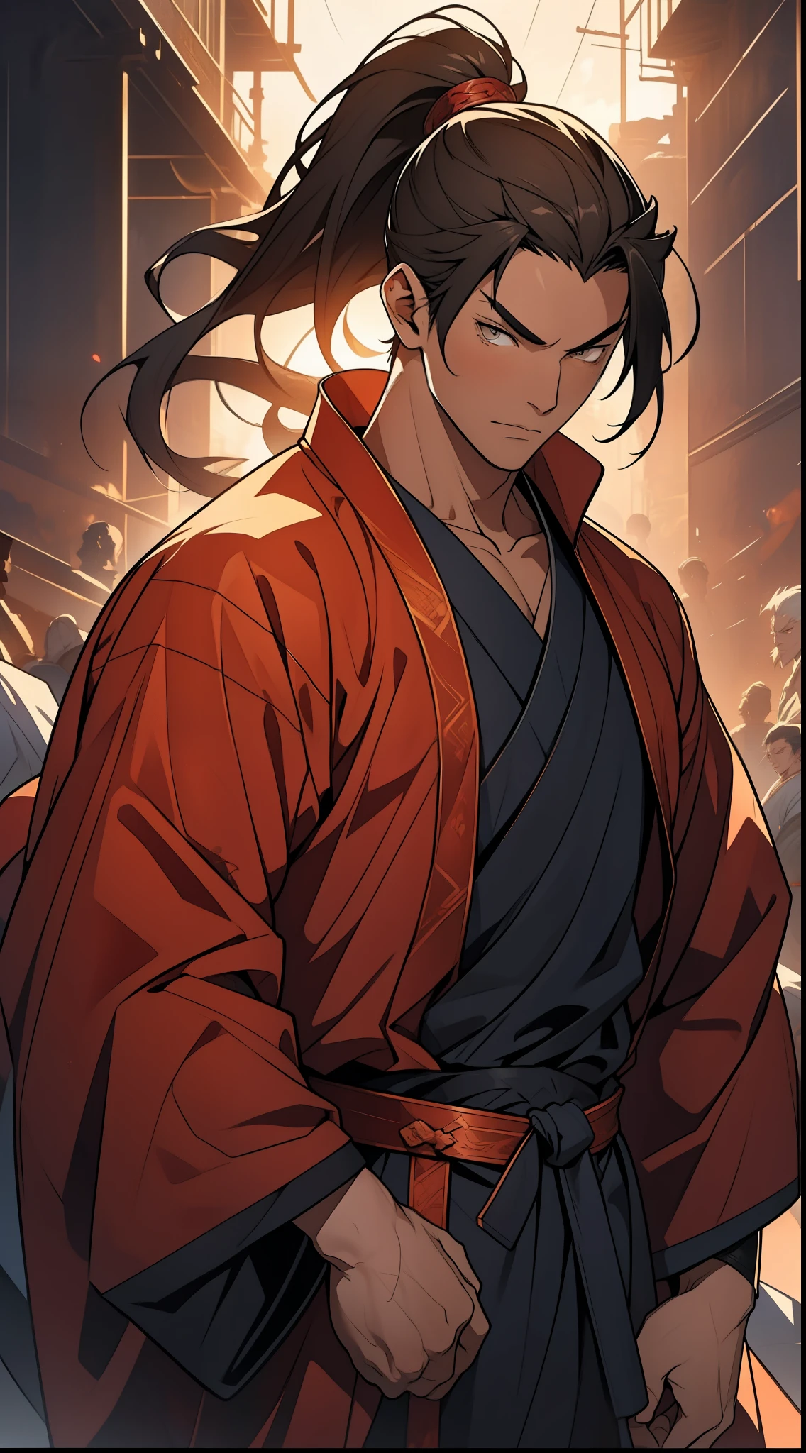 Two dimensions,anime style,one person(male warrior),proportions are correct,facial details,swordsman,high ponytail hairstyle,neck detail,Have an Adam's apple,yellow robe,joke,robe,clothing details,transfer,long sleeves,Game quality,fencing,Ray tracing,Ray tracing,Detailed glow,CG rendering,hair details,long hair,s eyes,Handsome,Handsome,(Youthful feeling),Clothing is complicated,Perfect composition,refine,high quality,higher details,many details,Complex background,a sense of atmosphere,