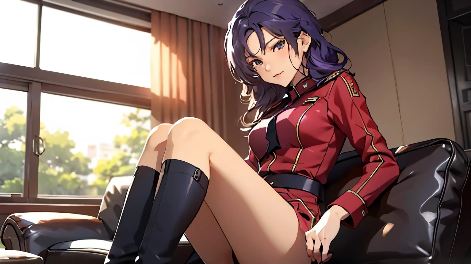 red,Pink military uniform,（full-body shot），Sitting on the sofa 翘起脚，Focus on thighs and feet、一个Smile、Sit in a chair、legs crossed、knees up,（Brown long high heel riding boots） purple hair ,blue eyes,lipstick, long hair, 1 girl, 20 years,young women,beautiful Finger,beautiful long legs,beautiful body,beautiful Nose,beautiful character design, perfect eyes, perfect face,expressive eyes, looking at the audience, in the center of the image,(Light_Smile:0.5), official art,Extremely detailed CG unified 8k wallpaper, perfect Lighting,rich and colorful,灯Light,有Light泽的皮肤, (masterpiece:1.0),(the best_quality:1.0), 超high resolution,4K,Super detailed, photography, 8k, human development report, high resolution, ridiculous:1.2,, film grain, blurred background, Bokeh:1.2, 镜头Light晕, (energetic_color:1.2) (beautiful,big deal_breast:1.0),(narrow_waist)Full body sitting, wear, elite, velvet, deep Purple, small tie. he himself, boss, momentum, Full HD, ......International Organization for Standardization, Law office equipped with modern design furniture, 包括Black色和灰色皮革软垫的扶手椅, Chrome base tempered的 glass coffee table, 实木会议桌搭配Black色皮椅, There is return a built-in bookcase，Inside there are law books bound in brown leather. ?" 其 11 叶片圆形Light圈和 XA 镜头元件一起提供了漂亮的Bokeh效果. return, 镜头配备Light圈环，You can switch between no-click and no-click actions, a dust and moisture resistant design, and four XD linear autofocus motors，Provides fast and accurate autofocus and tracking. 这款镜头为索尼photography师提供了出色的人像拍摄工具, night view, 和一般photography."legs raised, Sitting on the sofa, Black, Black色高跟鞋