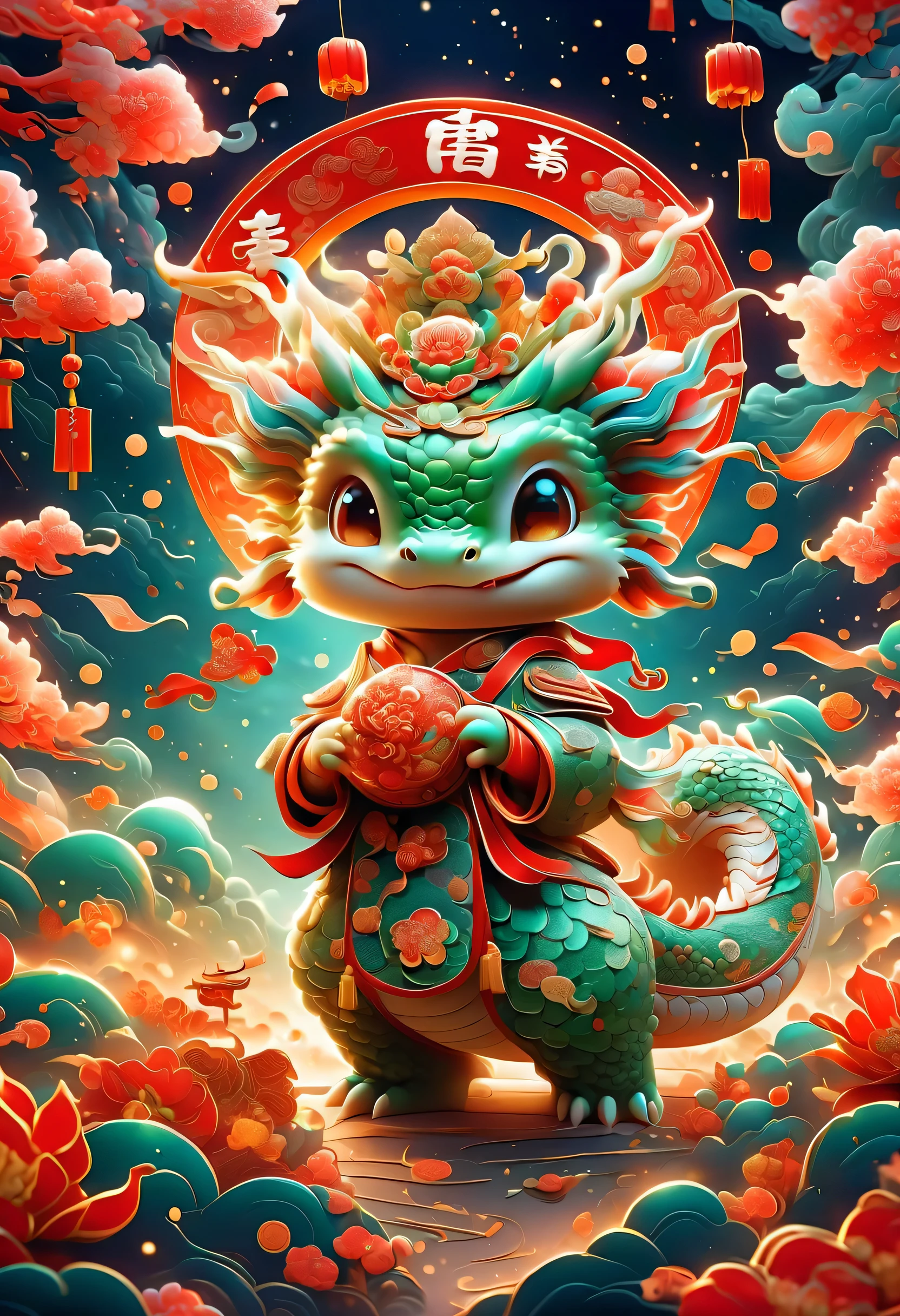 Cute style illustration of young chinese dragon, Wearing traditional New Year&#39;s clothing, Includes hats of ancient Chinese officials, Vincent van Gogh《starry night》style of. Cute dragon holds red envelope and bows to wish new year. The festive background incorporates Chinese New Year elements such as fireworks, firecracker, and spring couplets. Images should blend with rotation, 活泼可爱的“starry night”风格, whimsical aesthetic.