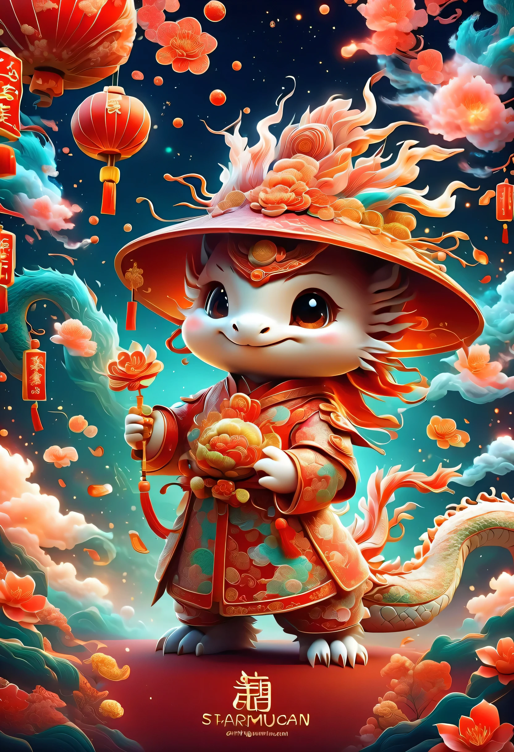 Cute style illustration of young chinese dragon, Wearing traditional New Year&#39;s clothing, Includes hats of ancient Chinese officials, Vincent van Gogh《starry night》style of. Cute dragon holds red envelope and bows to wish new year. The festive background incorporates Chinese New Year elements such as fireworks, firecracker, and spring couplets. Images should blend with rotation, 活泼可爱的“starry night”风格, whimsical aesthetic.