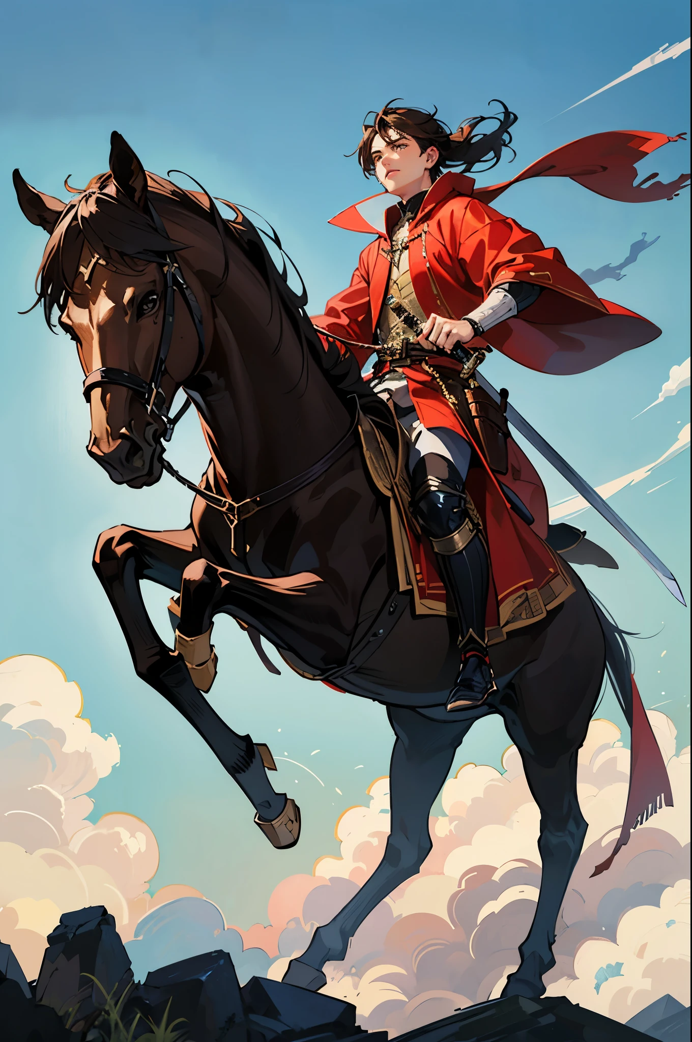 A 16-year-old teenage boy, a boy swordsman, wears a sword, light skin tone, without a beard, without a goatee, no facial hair, no body hair, brown hair color, straight hair, pointed ears, medieval knight's silver armor, red clothes