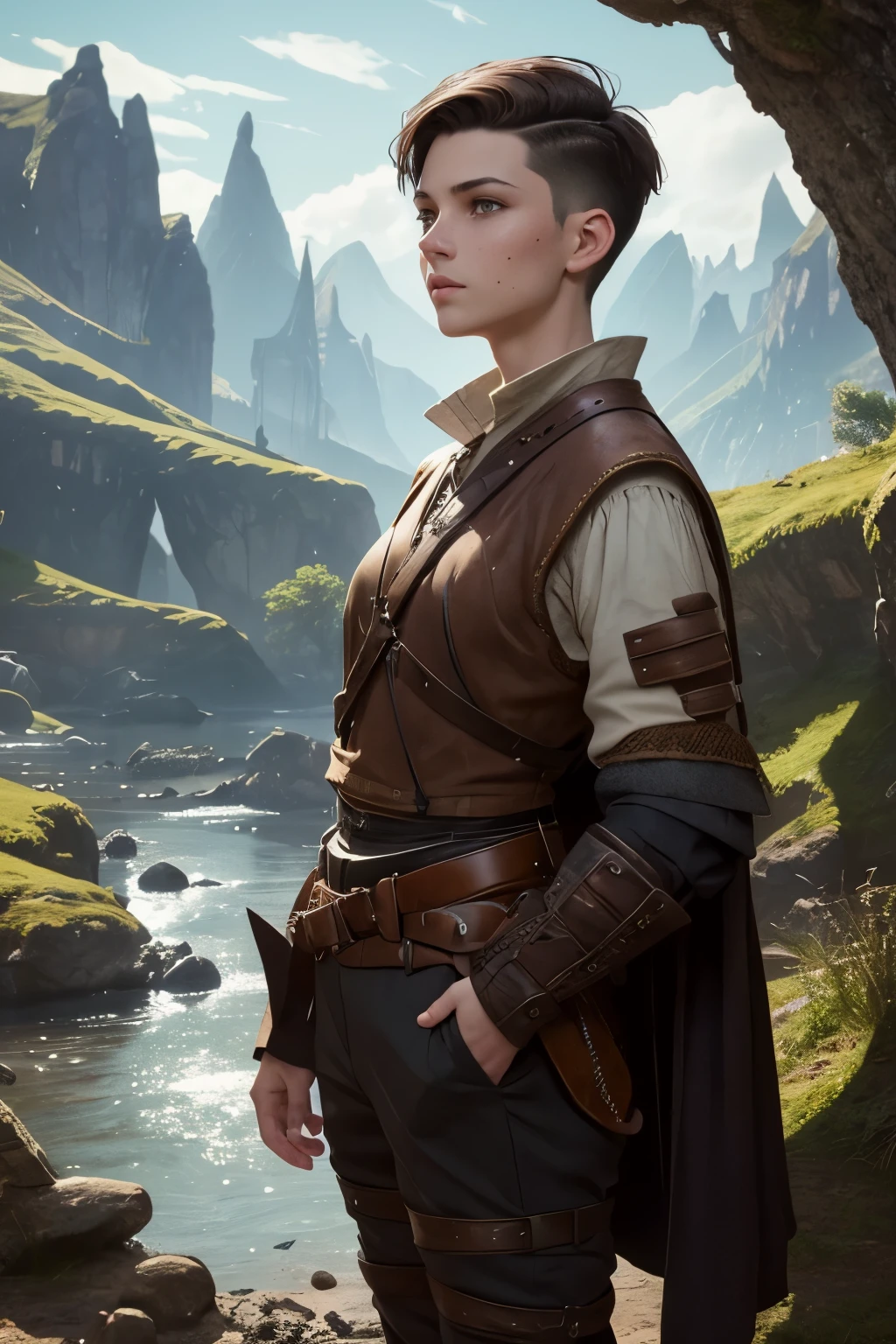 A young androgynous woman with a undercut. Kind. Friendly. Tomboyish. Happy. Skinny. Very short manly haircut. Dark-brown hair. Sides shaved, undercut. Very pale skin with freckles and liverspots. A soft round face with freckles and liverspots. Upturned dark-brown eyes. Very thin and barley visible eyebrows. A long and wide nose. Wide curved lips. Round chin. Slim body. . Wide hips. Thick legs. Used dirty medieval clothing of a lonley ranger and wanderer with tight trousers. Beautiful bright fantasy landscape in the background with shiny forest and rivers.