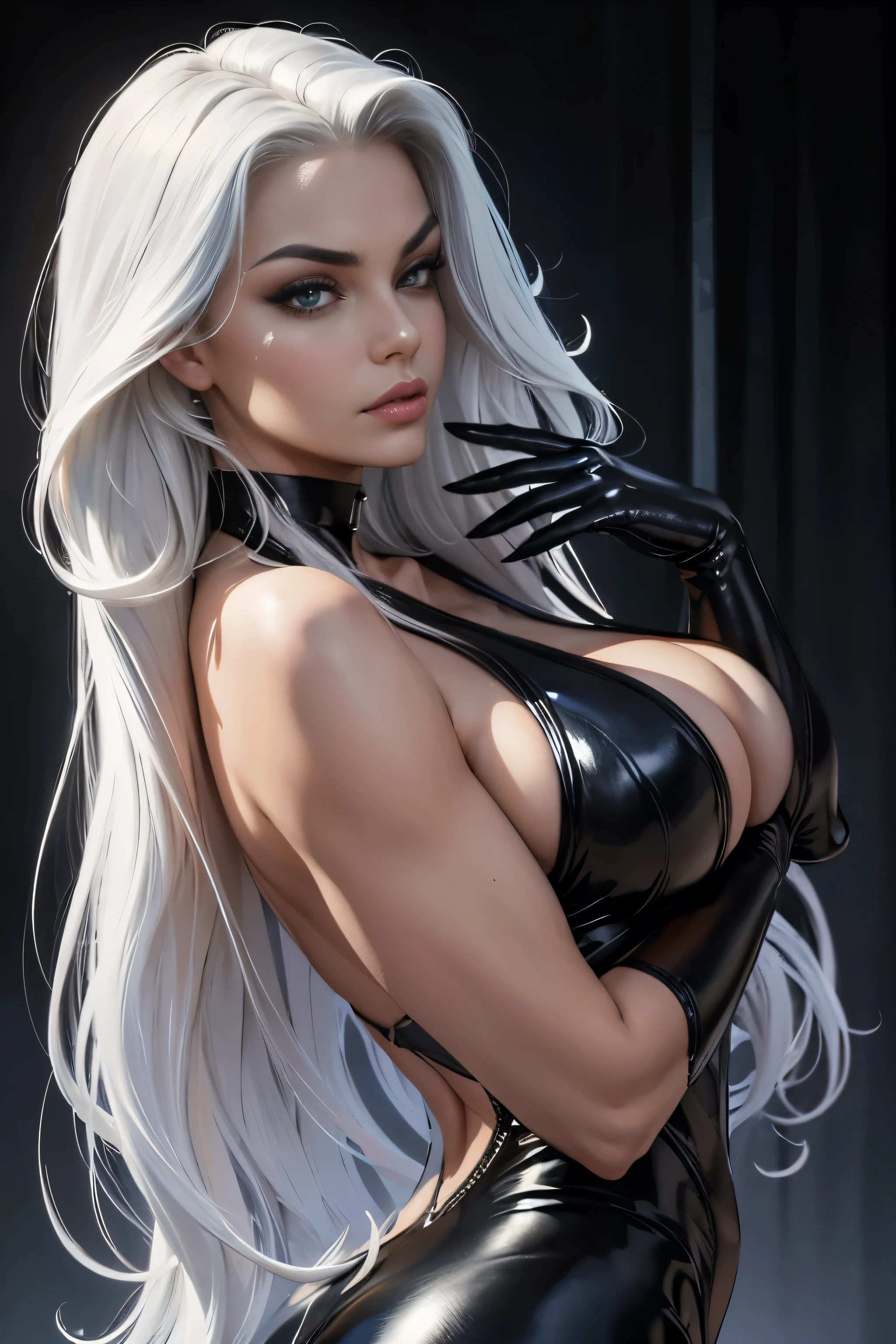black cat,beautiful face,protruding breasts,white long hair,detailed fur texture,sharp focus,piercing eyes,intense gaze,delicate whiskers,elegant posture,mysterious aura,high contrast,soft shadows,vibrant colors,artistic rendering,realistic painting style,nighttime scenery,moonlight illumination,sleek physique,graceful movements,curved tail,intense expression,hidden secrets,mesmerizing presence,attention to details,photorealistic details,subtle highlights,darker tones,alluring beauty,sleek and shiny coat, frame,playful yet mysterious,engaging personality,intense connection,strong visual impact,stunning artwork,professional composition,high-resolution masterpiece,attention-grabbing,eye-catching composition,provocative and alluring,expressive and captivating gaze, platinum white hair, black mask