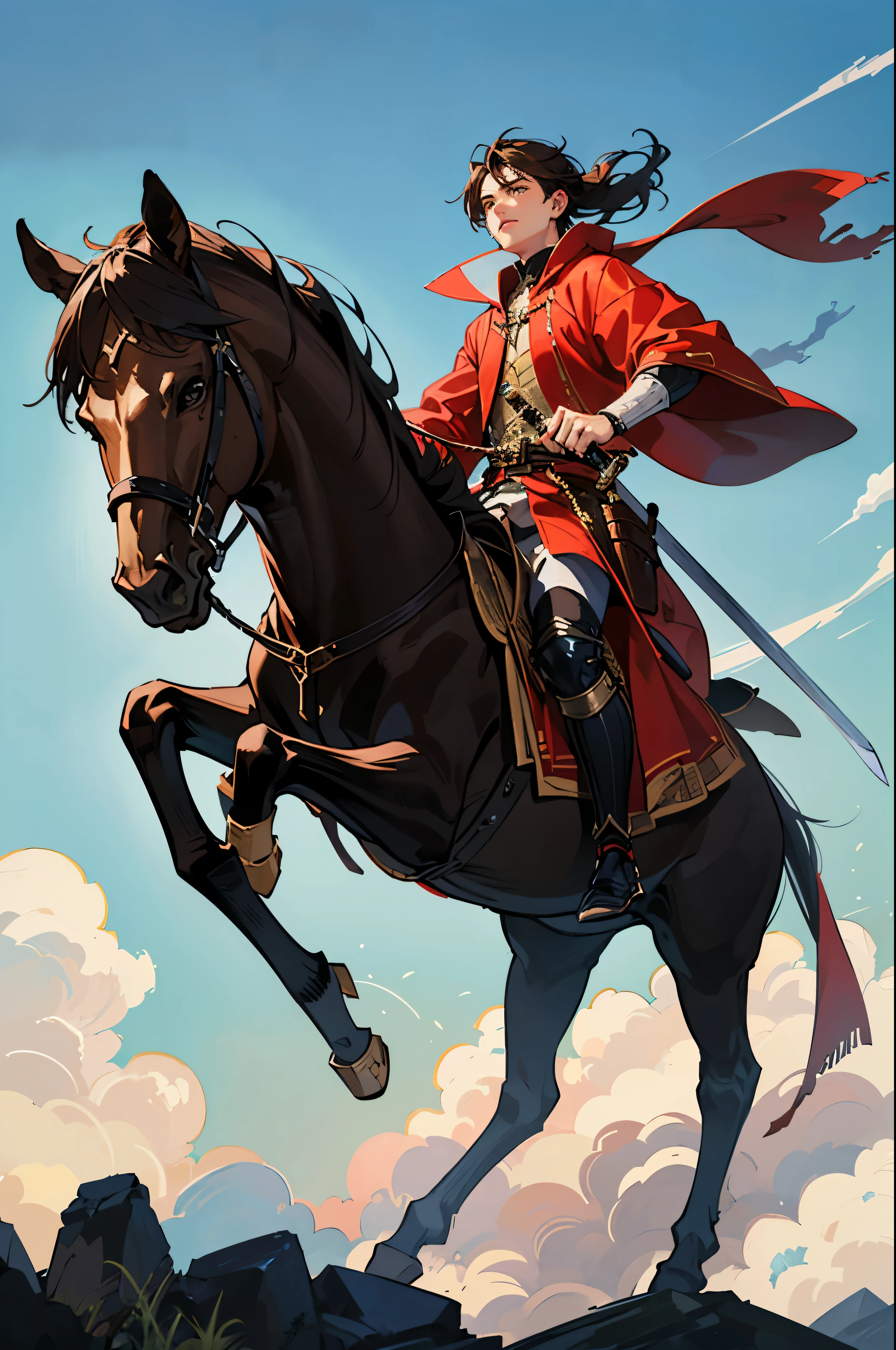 A 16-year-old teenage boy, a boy swordsman, wears a sword, light skin tone, without a beard, without a goatee, no facial hair, no body hair, brown hair color, straight hair, pointed ears, medieval knight's silver armor, red clothes