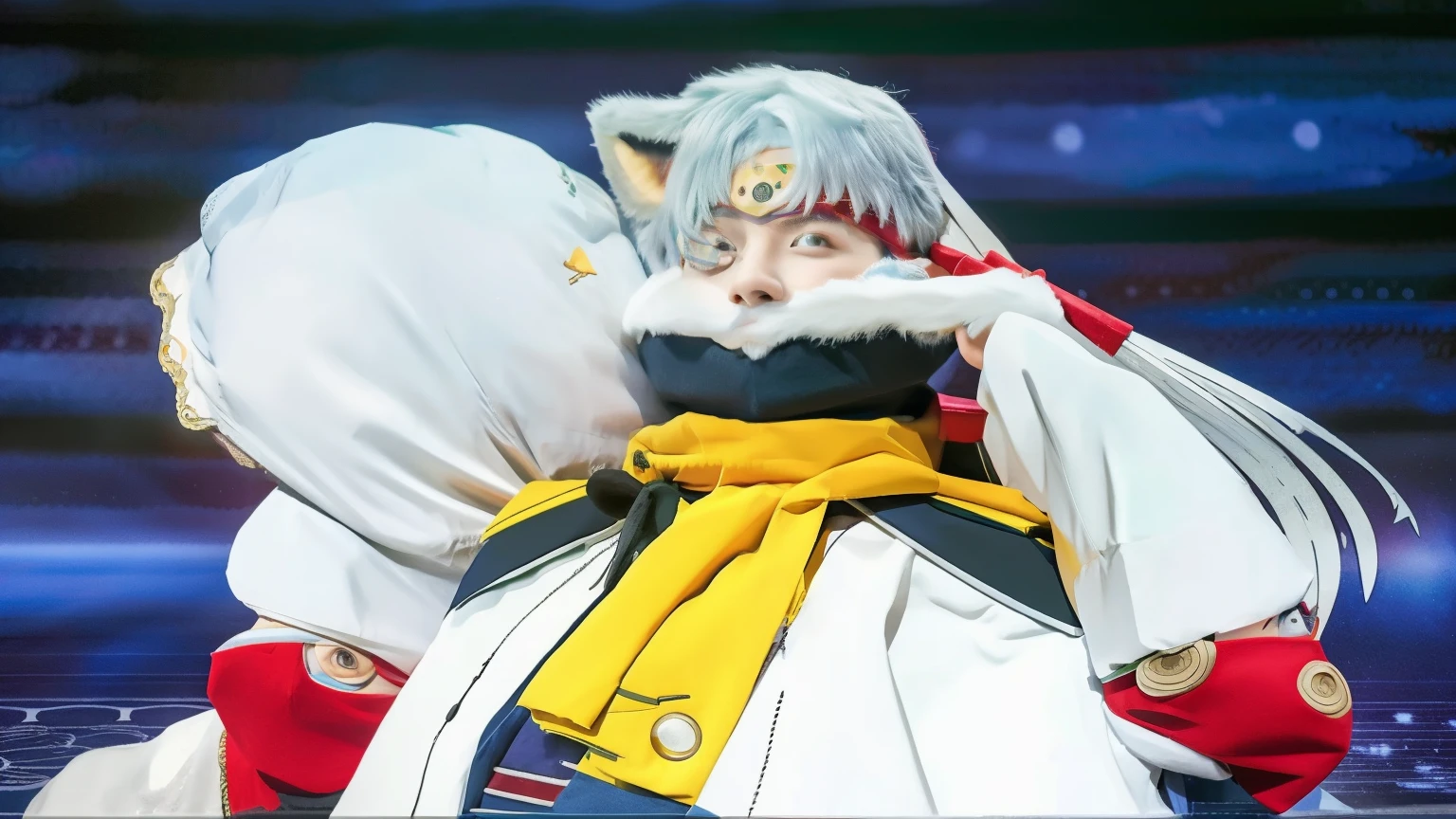 1 man,Handsome man,crescent moon on forehead,white long haired,fox ear,white hakata,cool,best quality,realistic,cosplay,masterpiece