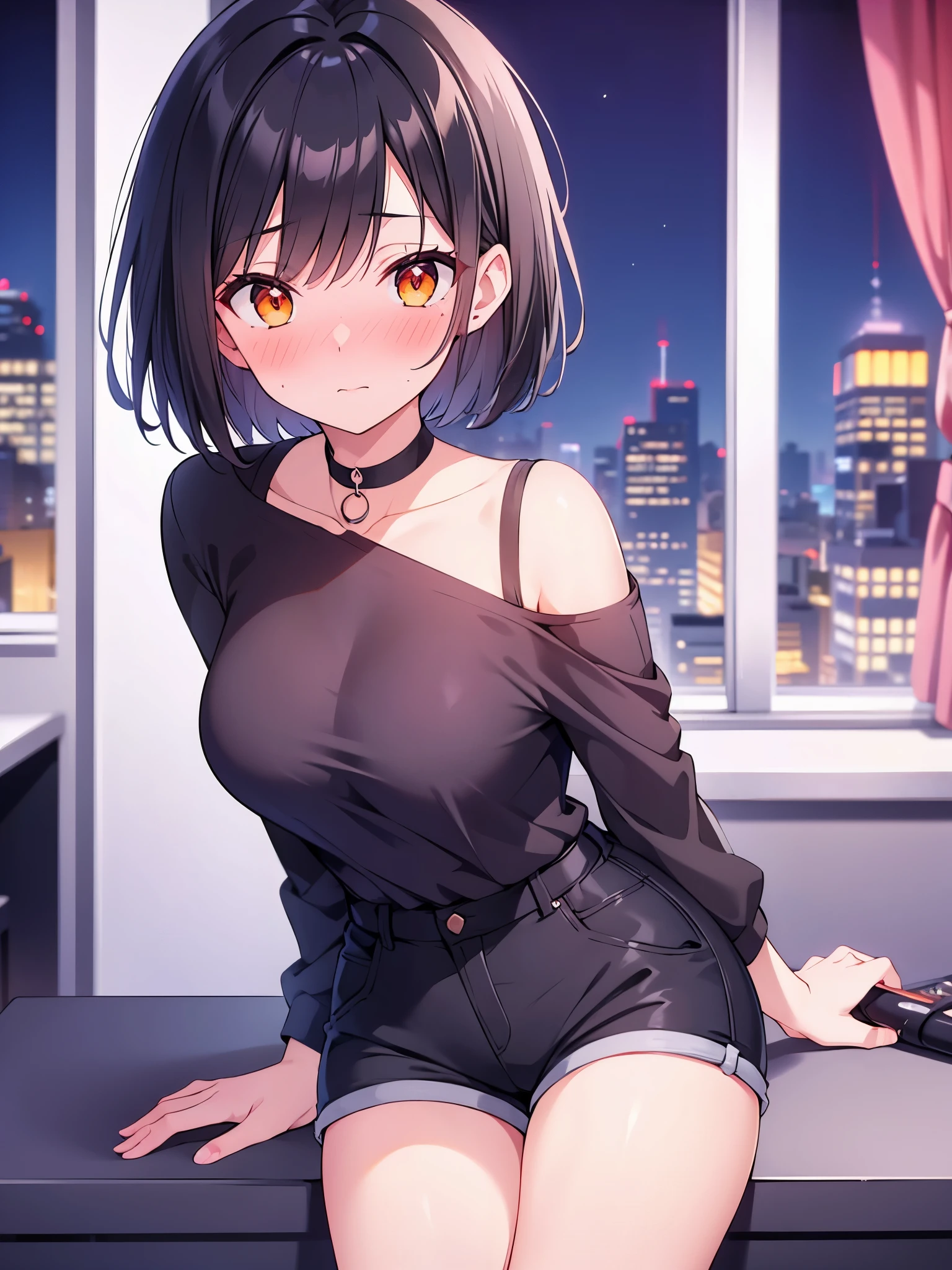 ultra-detailed, night view, shorthair, black hair, orange eyes, office lady, nose blush, off shoulder, Shorts