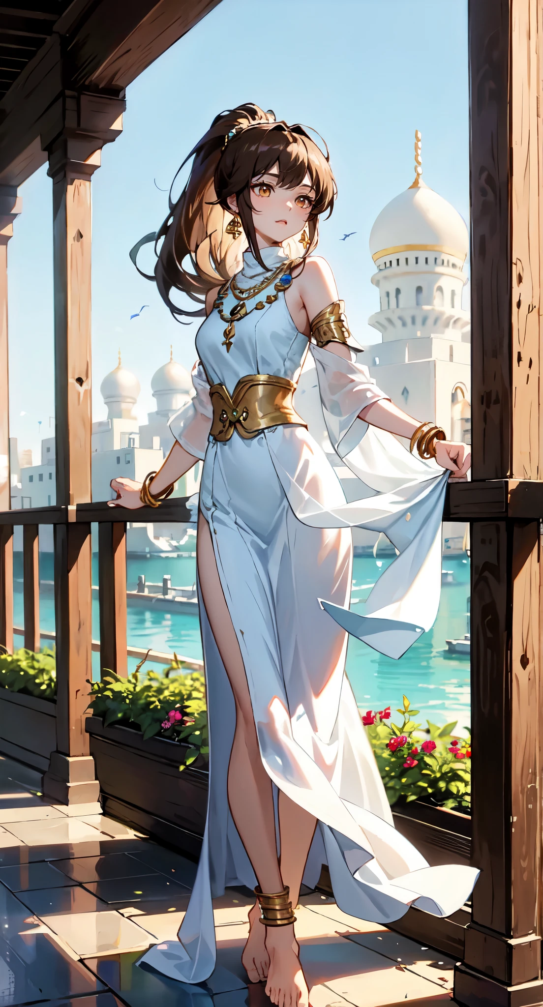Chocolate brown high ponytail long hair,Standing close-up,dream world,Babylon Queen,Chocolate high ponytail,Messy hair,golden eyes,civilization,hanging garden背景,floating island,hanging garden,A wide range of jewelry,(贵重的Middle Eastern style长裙,Middle Eastern style),necklace,Her skin is very white, fair complexion,(White long dress,Exotic),barefoot,Gemstone anklets