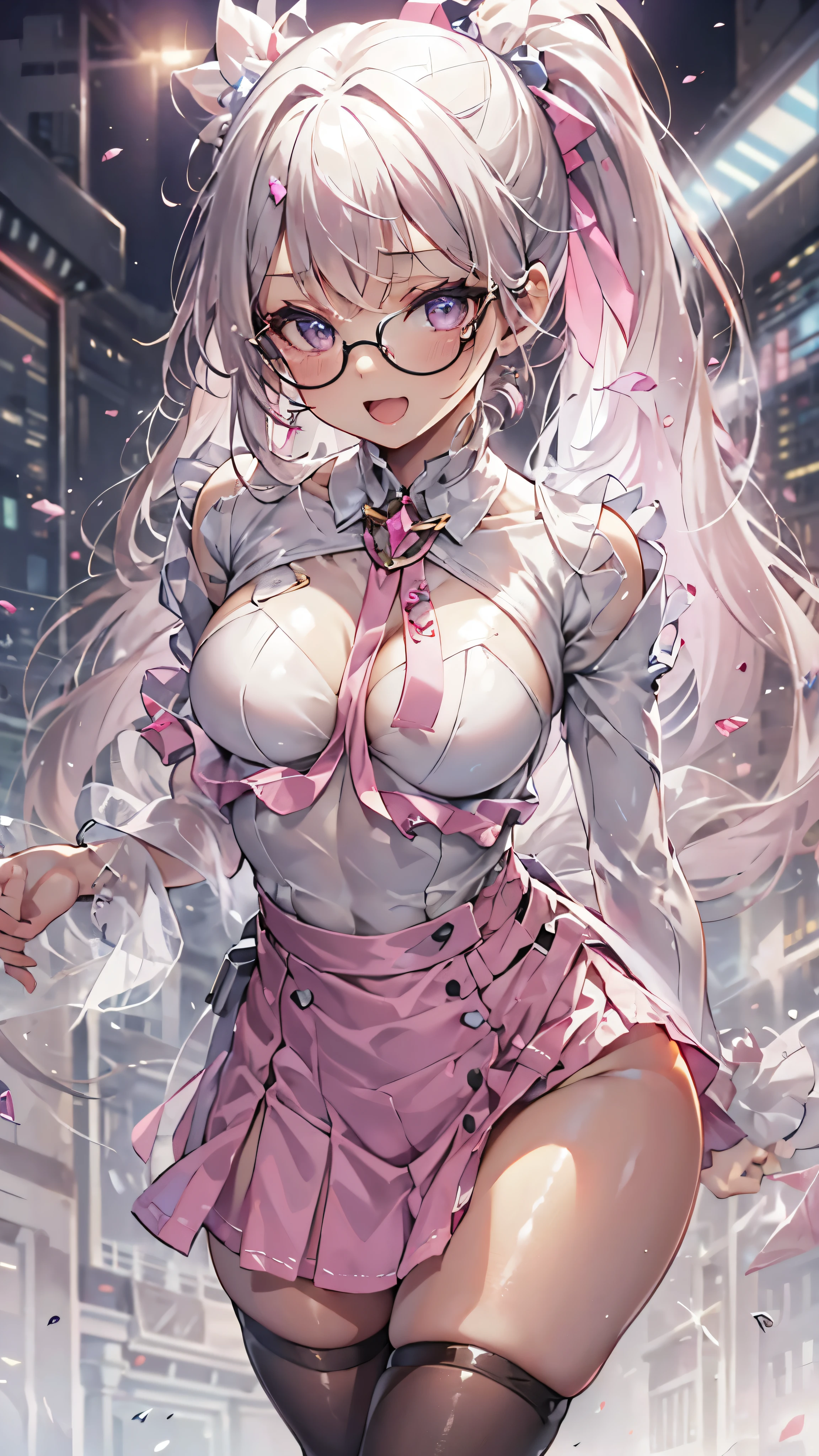 woman,,,city,night,(((white and pink tight miniskirt bodysuit))),,open mouth smile((See-through))Glasses,((Beautiful long ponytail)),((baby girl bohape))