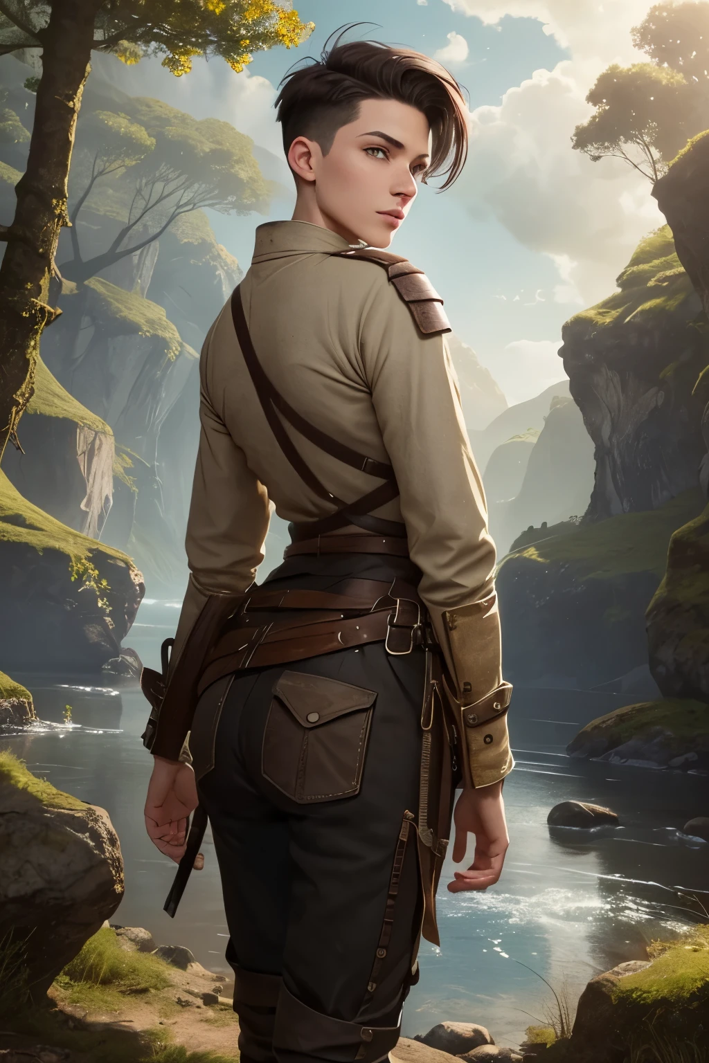 A young androgynous woman with a undercut. Kind. Friendly. Tomboyish. Happy. Skinny. Very short manly haircut. Dark-brown hair. Sides shaved, undercut. Very pale skin with freckles and liverspots. A soft round face with freckles and liverspots. Upturned dark-brown eyes. Very thin and barley visible eyebrows. A long and wide nose. Wide curved lips. Round chin. Slim body. . Wide hips. Thick legs. Used dirty medieval clothing of a lonley ranger and wanderer with tight trousers. Beautiful bright fantasy landscape in the background with shiny forest and rivers.