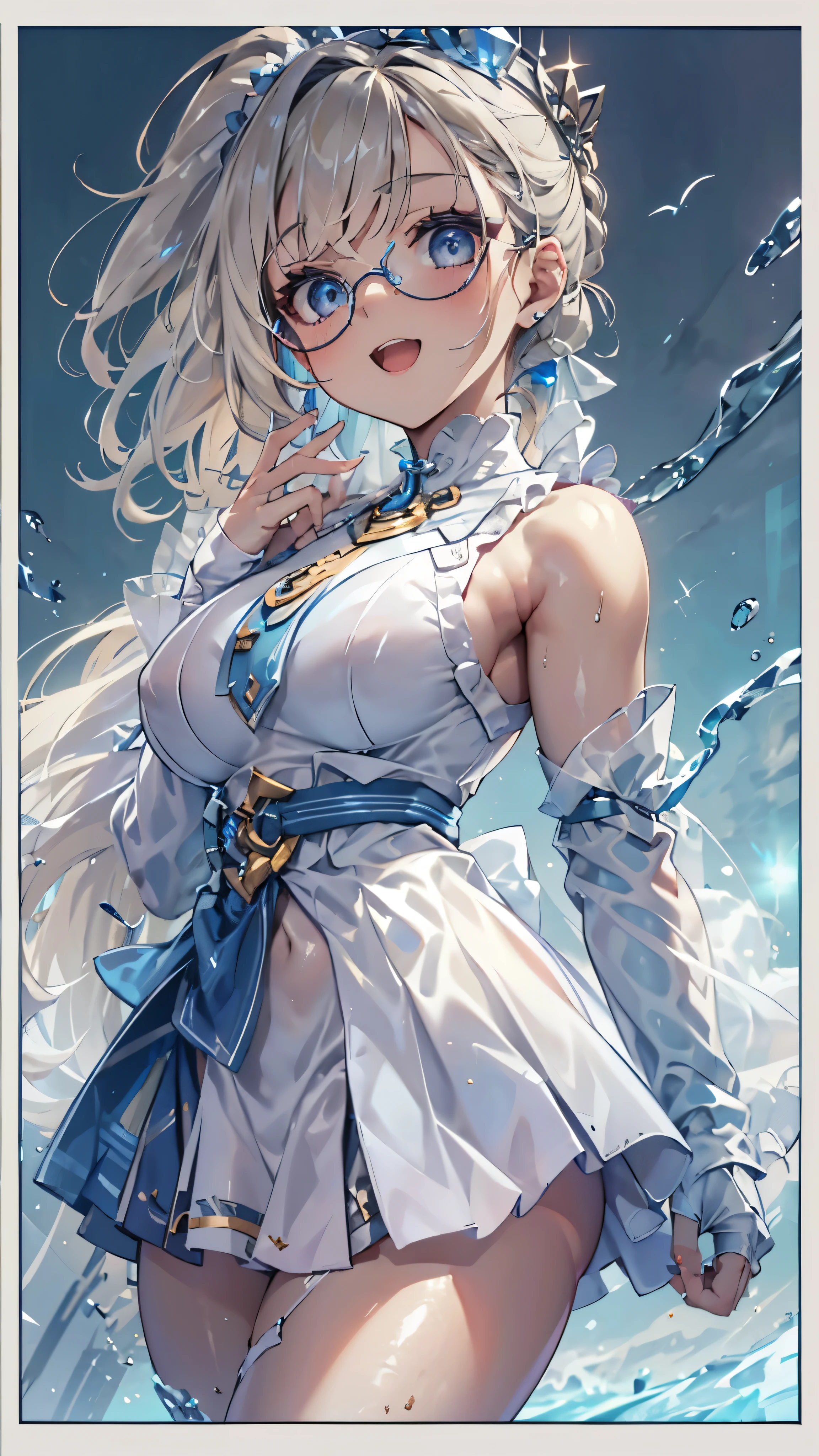 (Overhead Views),Dynamic Angle,Ultra Detail, Illustration, Close Up, Straight, One Girl, (Fantasy:1.4), (Azure Eyes:1.233),Her Eyes Glowed Like Dreamy Stars,(Glowing Eyes:1.233),(Beautiful and Delicate Eyes:1.1),(Silver Hair:1.14),(Unkempt Hair,Very Long Hair,Braids,Between Eyes,Side Locks), (+ (Bull Hair Flower: 1.14)),(Chiffon Dress,Blue Floral Pattern on Uniform)/=(Military Uniform: 1.24),(Sleeveless,Wide Sleeve),(Fingerless Gloves),Choker,(Priestess Niso),High Heels,(Expressionless,Mouth Closed),(Stingling),(Classic Princess Boudoir with Dressing Table and French Window in White Ancient Palace),(White Flower,Flower),(Deep Sea),(Flowing Water),(Dull Blue World Tree:1.14), (Ruins),(Night:1.2 ),Dreamy,Soul,(Fluorescence),(Translucent Blue Butterfly Fly:1.15),[[Delicate Fingers and Hands:0.55]::0.85],(Fine Fingers),(Yubao:0.5),