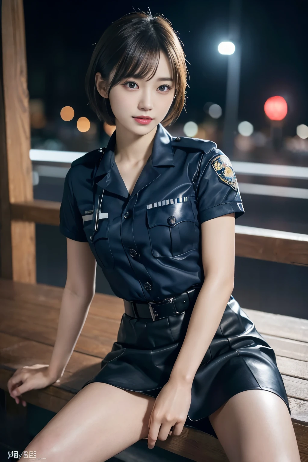 Innocent 20 year old girl、((Japan Police Officer, sexy police uniform, Skirt, Cute and elegant, Dramatic poses)),Smile,night city background,short-cut、Raw photo, (8K、top-quality、masterpiece:1.2)、(intricate detailes:1.4)、(Photorealsitic:1.4)、octane renderings、Complex 3D rendering ultra detail, Studio Soft Light, Rim Lights, vibrant detail, super detailing, realistic skin textures, Detail Face, Beautiful detail eyes, Very detailed CG Unity 16k wallpaper, make - up, (detailedbackground:1.2), shinny skin, Full body,Hands down、Spread your legs and show your panties,sit on a bench