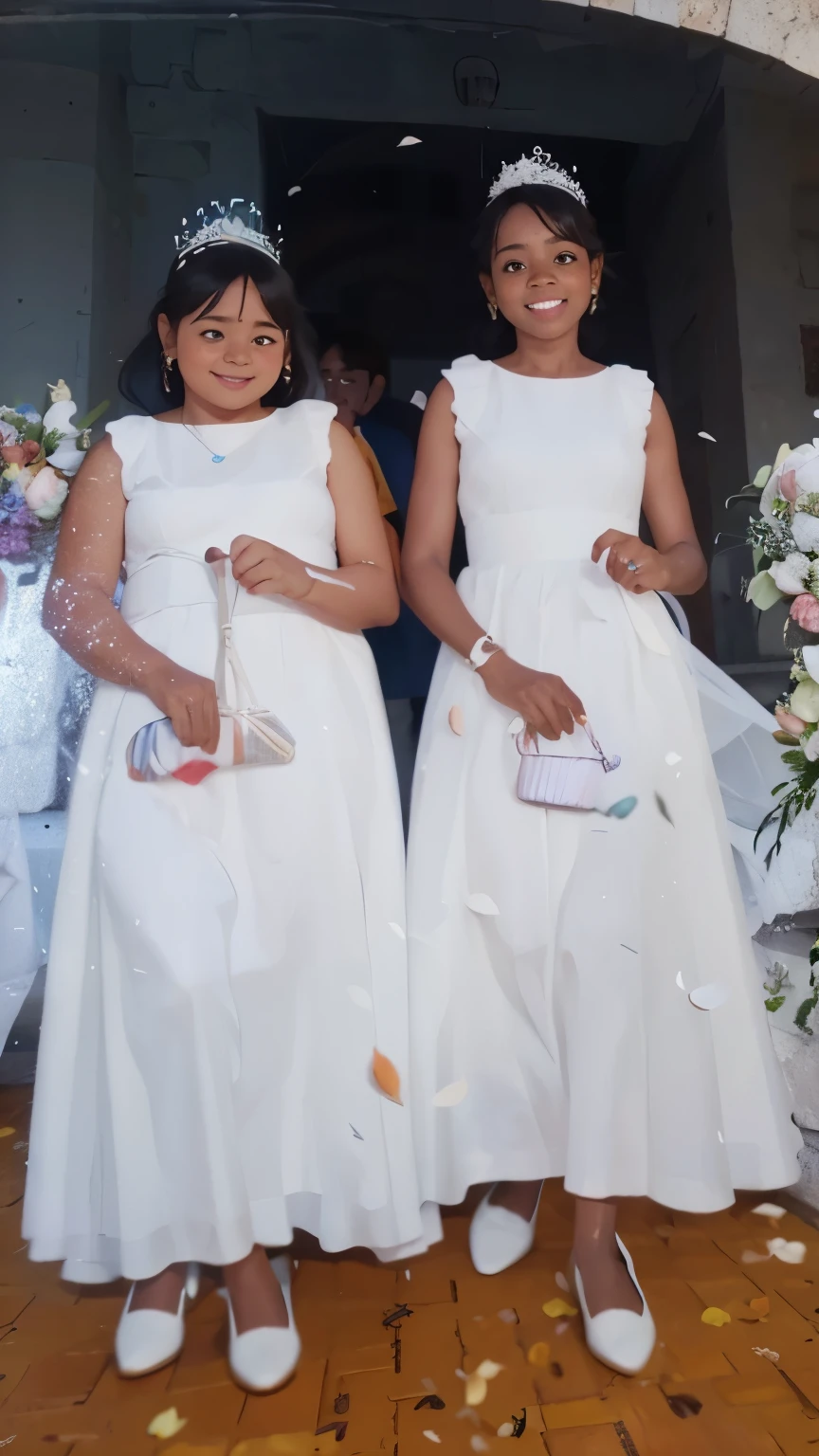 Uma negra de trinta anos, blue party dress entering with a basket of flowers throwing petals at a wedding with photographers around taking photos