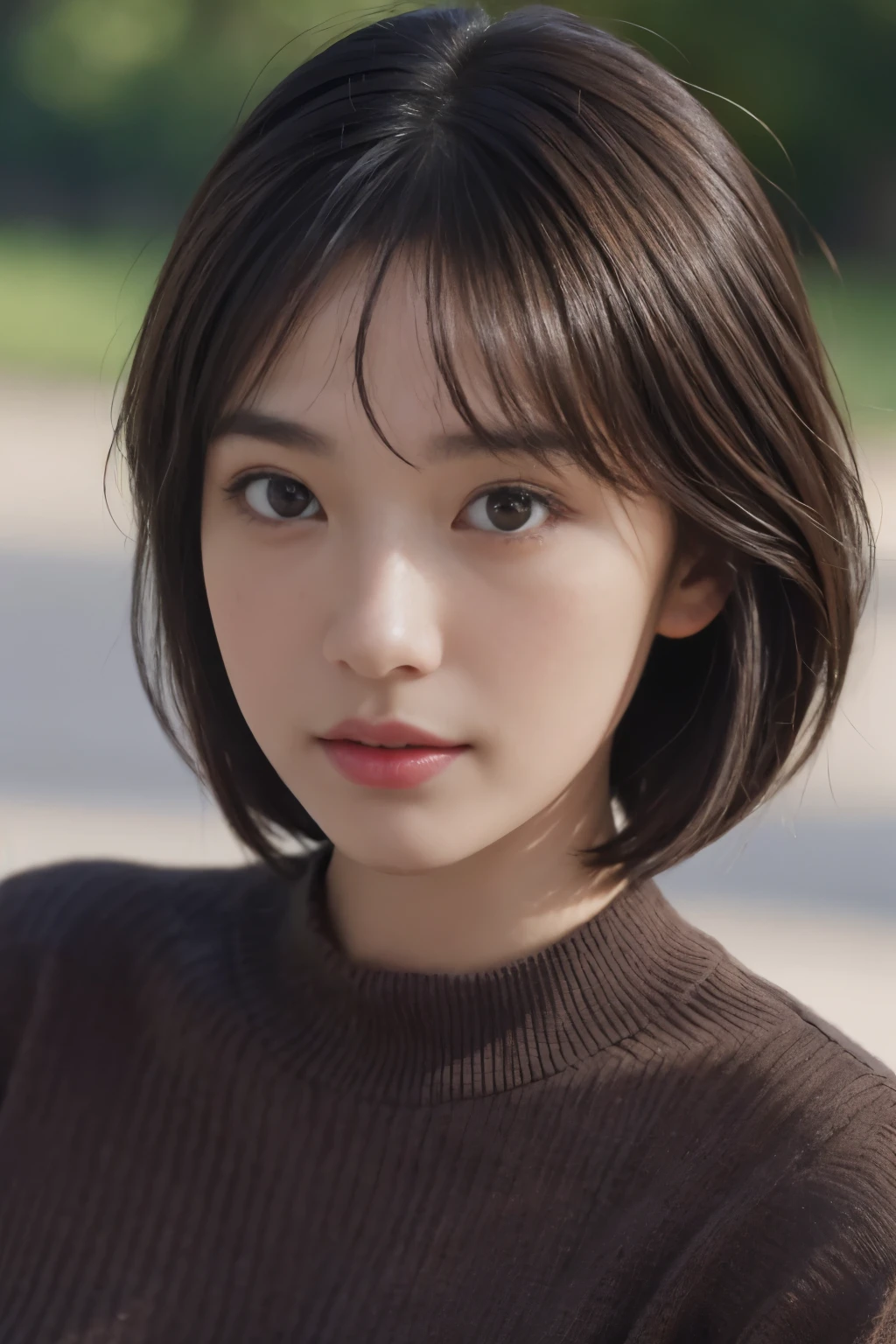 Masterpiece, Best picture quality, High quality, Beautiful Japanese girl, Cute, Intaglio idol diagram, Detailed, Detailed eyes, Detailed skin, Beautiful skin, 超A high resolution, (reality: 1.4),Very beautiful, Slightly younger face, Beautiful skin, Slender, (Ultra photo realsisim), (A high resolution), (8K), (Very detailed) (Beautifully detailed eyes), (Super detailed), (the wallpaper), (Detailed face), view the viewer, Fine details, Detailed face, Sad, Sweater, Skirt, Staring straight ahead, Staring straight ahead, angle from waist up, Realistic photo, Bright lighting, Professional lighting, Mature woman, (Brown hair, bob hair, layer cut, Swaying in the wind, bangs),
