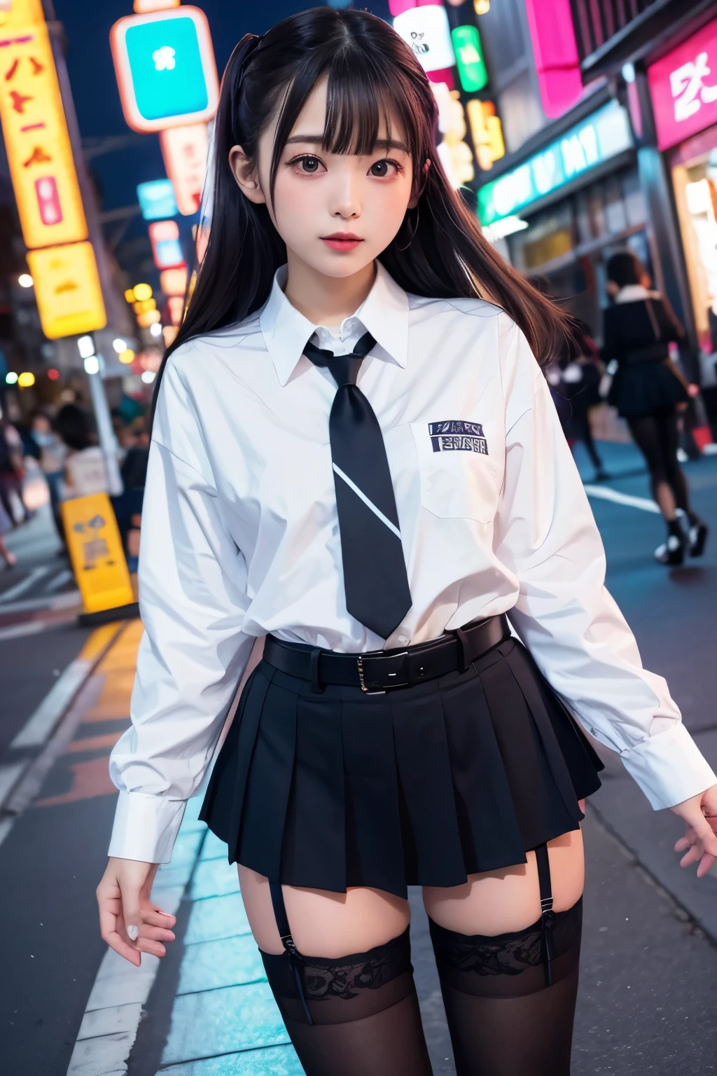 high angle shot、center view、A woman standing on a neon street at midnight、Phenomenally cute 、japanese girl uniform、summer clothes、Microminiskirt、urreal 、loafers、She wears black tights that show a little bit of skin.、black tights、Japanese high school 、Nogizaka Idol、Plump thighs、Full body Esbian、garter belt、garter ring、leg garter
