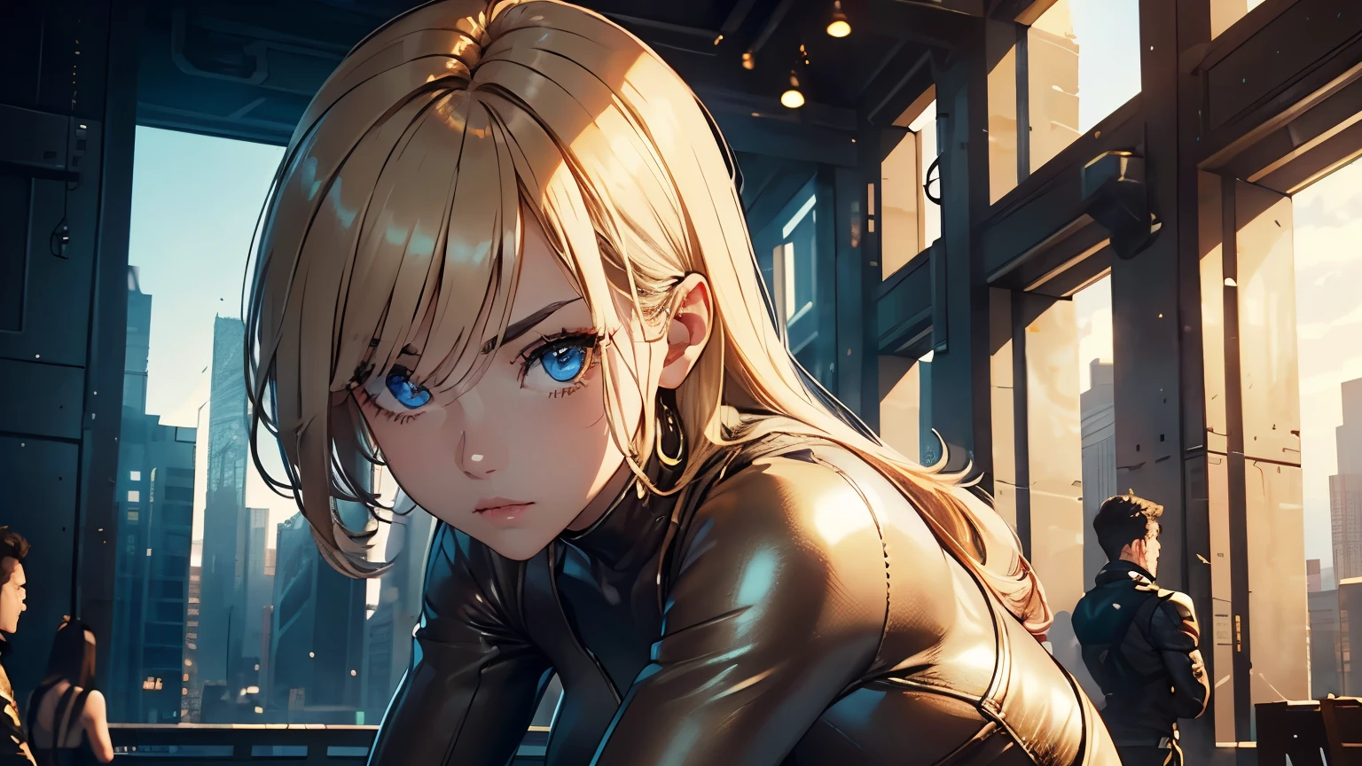 4K, A high resolution, Best quality at best, masterpiece, perfect colors, perfect shadow, perfect litthing, ((sportrait)), 1woman, fit-muscled body, bright yellow eyes, dark blue hair , blue eyes, With round lenses, detail in eyes, The audience watched carefully, (s face: 1.2), Perfect female figure, ((standing)),  ((beige color Tight crop top leather suit)), ((shy and looking at viewert)), (Perfect thick white eyebrows) Delicate fur, 详细s face, s the perfect face, At a  fantasy industrial city , (model pose standing), energetic background, perfect  city skyscape,  lighting atmosphere, ((Bonifasko lighting)), (The round lenses on his eyes)(詳細な目), Perfect student, face close up