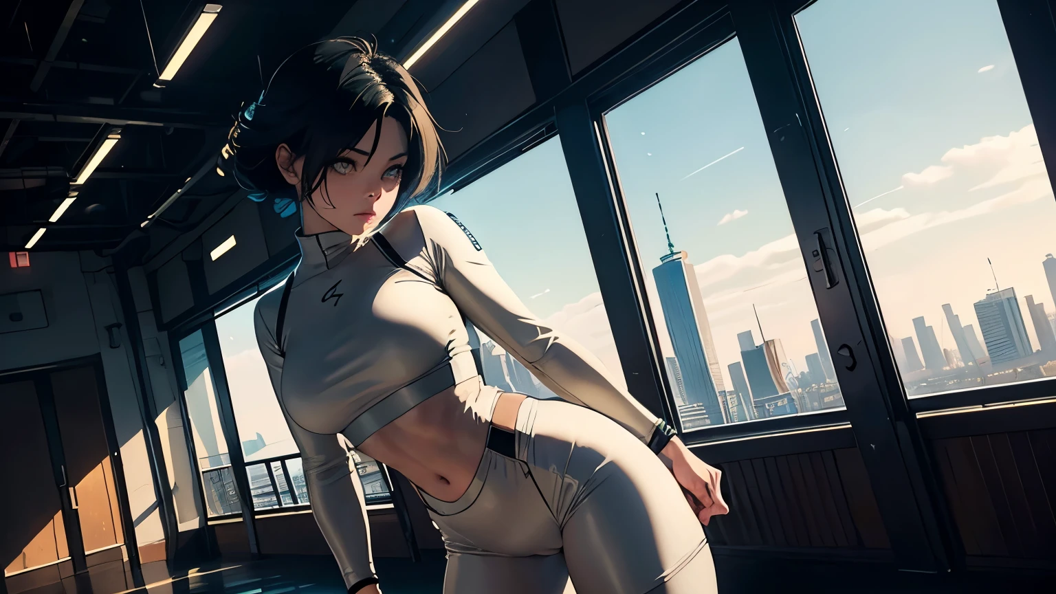 4K, A high resolution, Best quality at best, masterpiece, perfect colors, perfect shadow, perfect litthing, ((sportrait)), 1woman, fit-muscled body, bright yellow eyes, dark blue hair , blue eyes, With round lenses, detail in eyes, The audience watched carefully, (s face: 1.2), Perfect female figure, ((standing)), ((beige color Tight crop top leather suit)), ((shy and looking at viewert)), (Perfect thick white eyebrows) Delicate fur, 详细s face, s the perfect face, At a fantasy industrial city , (model pose standing), energetic background, perfect city skyscape, lighting atmosphere, ((Bonifasko lighting)), (The round lenses on his eyes)(詳細な目), Perfect student, face close up