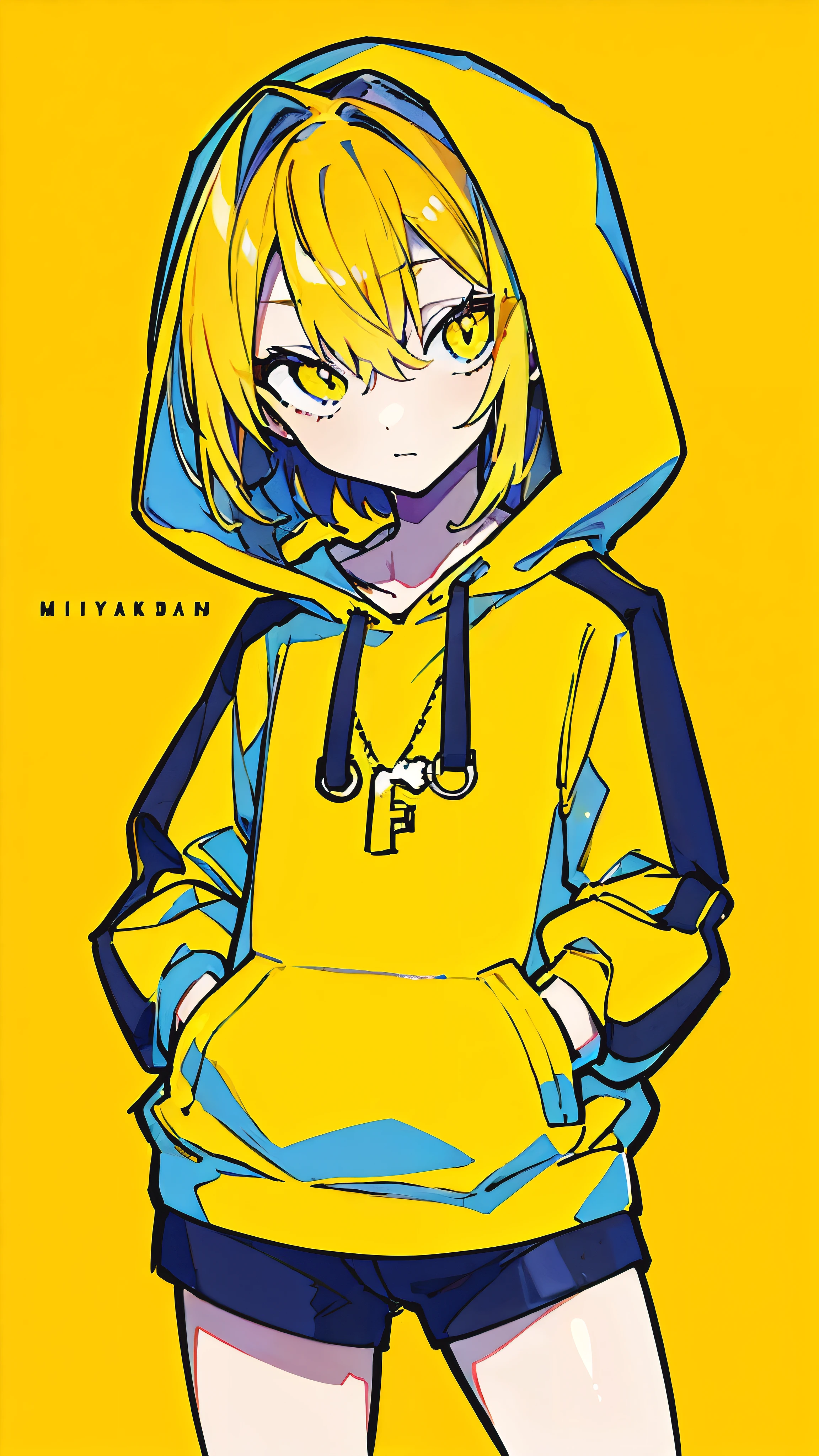 (masterpiece, highest quality:1.6), alone, thick outline, (simple background, Dark yellow background, monochrome, dark yellow theme:1.2), official art, Key Visual, 8K, confused, whole body, (Unique hair, oversized hoodie, hot pants, arch back, short torso:1.2), belly button, thighs, cowboy shot, HDR, sharp focus, High resolution, most detailed, very detailed, Super detailed, finely, detailed eyes and face, sharp pupils, realistic student